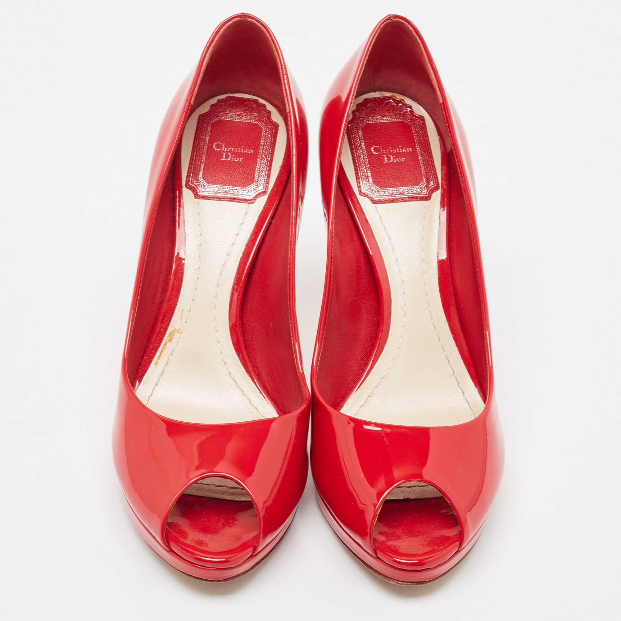 Dior Red Patent Leather Peep Toe Platform Pumps Size 37