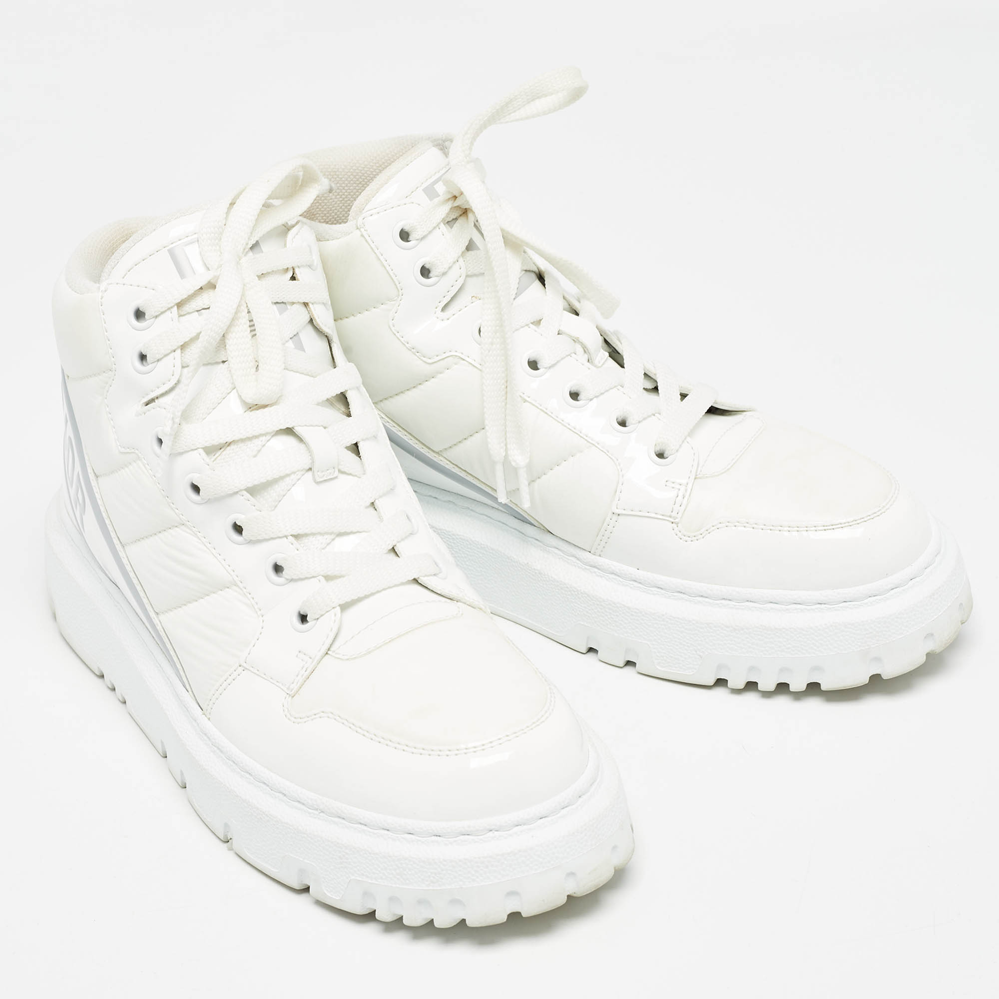 Dior White Mesh And Patent Leather D-Player High Top Sneaker Size 37.5