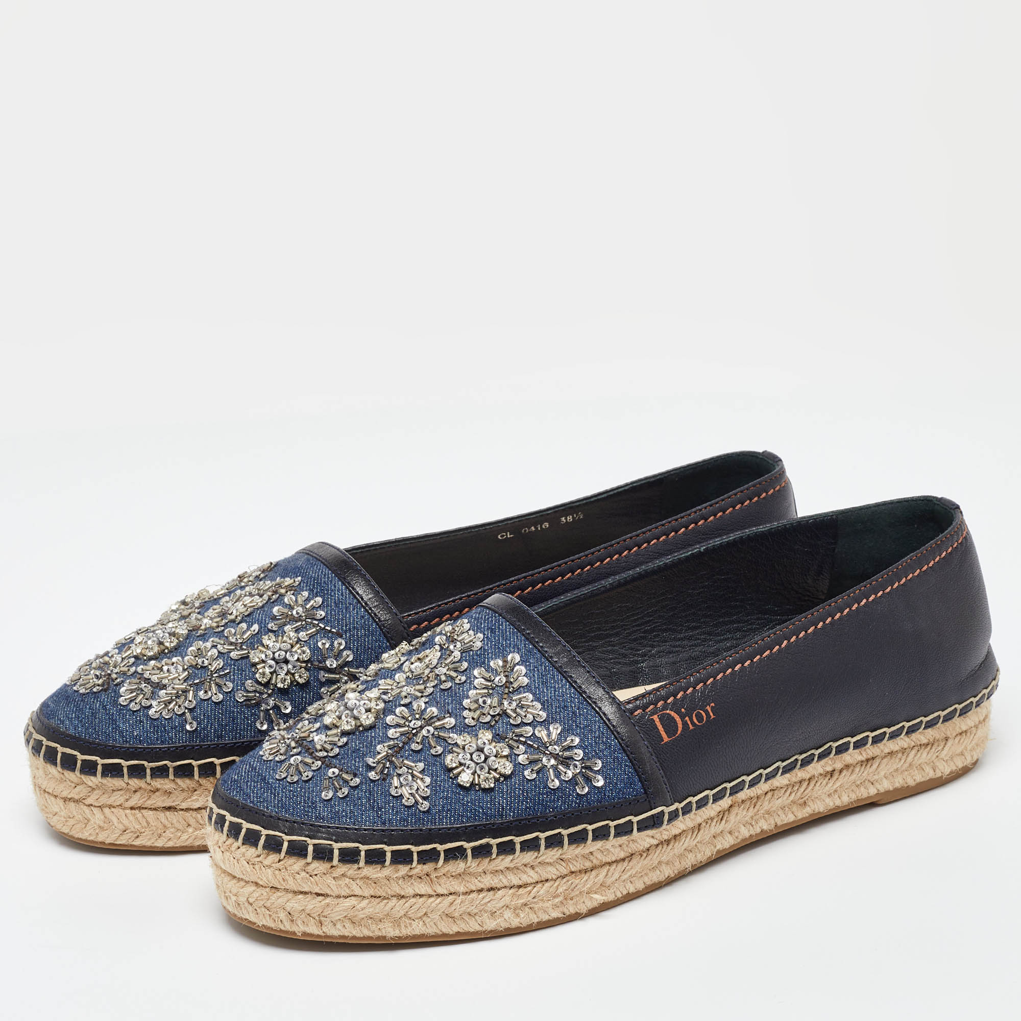 Dior Blue Leather And Denim Crystal Embellished Flat Espadrilles Size 38.5