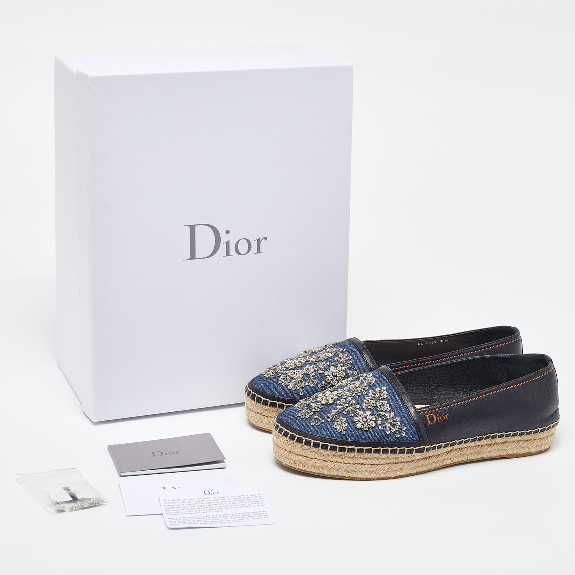 Dior Blue Leather And Denim Crystal Embellished Flat Espadrilles Size 38.5