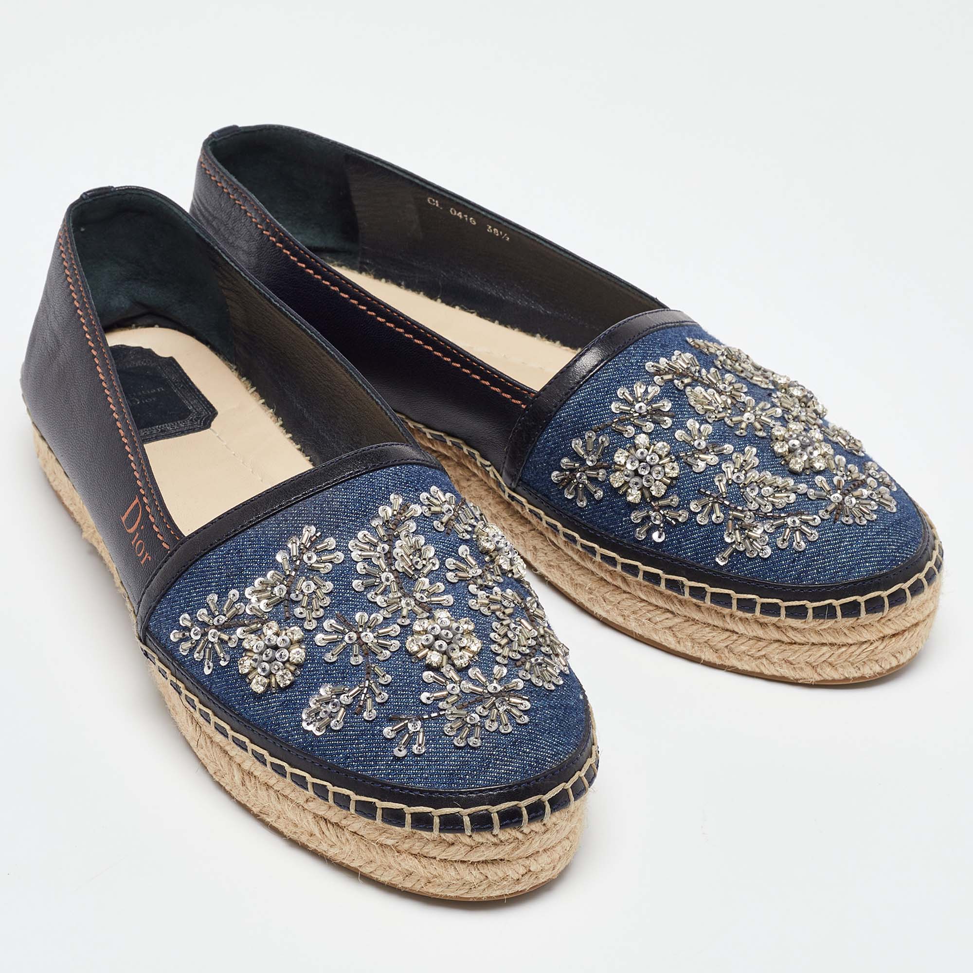 Dior Blue Leather And Denim Crystal Embellished Flat Espadrilles Size 38.5