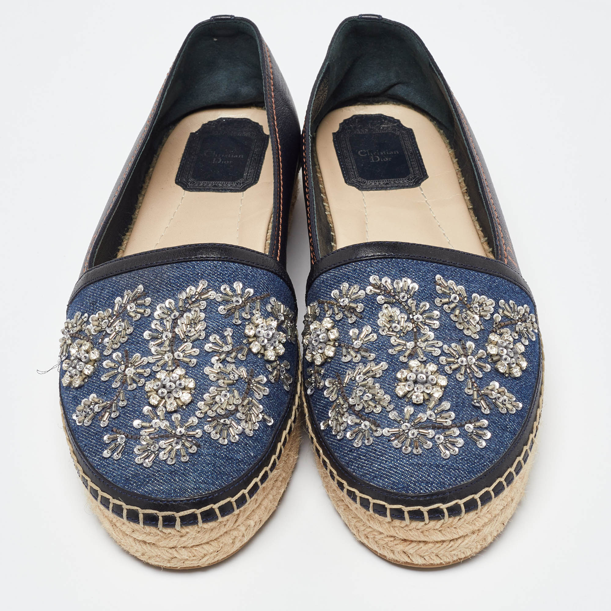 Dior Blue Leather And Denim Crystal Embellished Flat Espadrilles Size 38.5