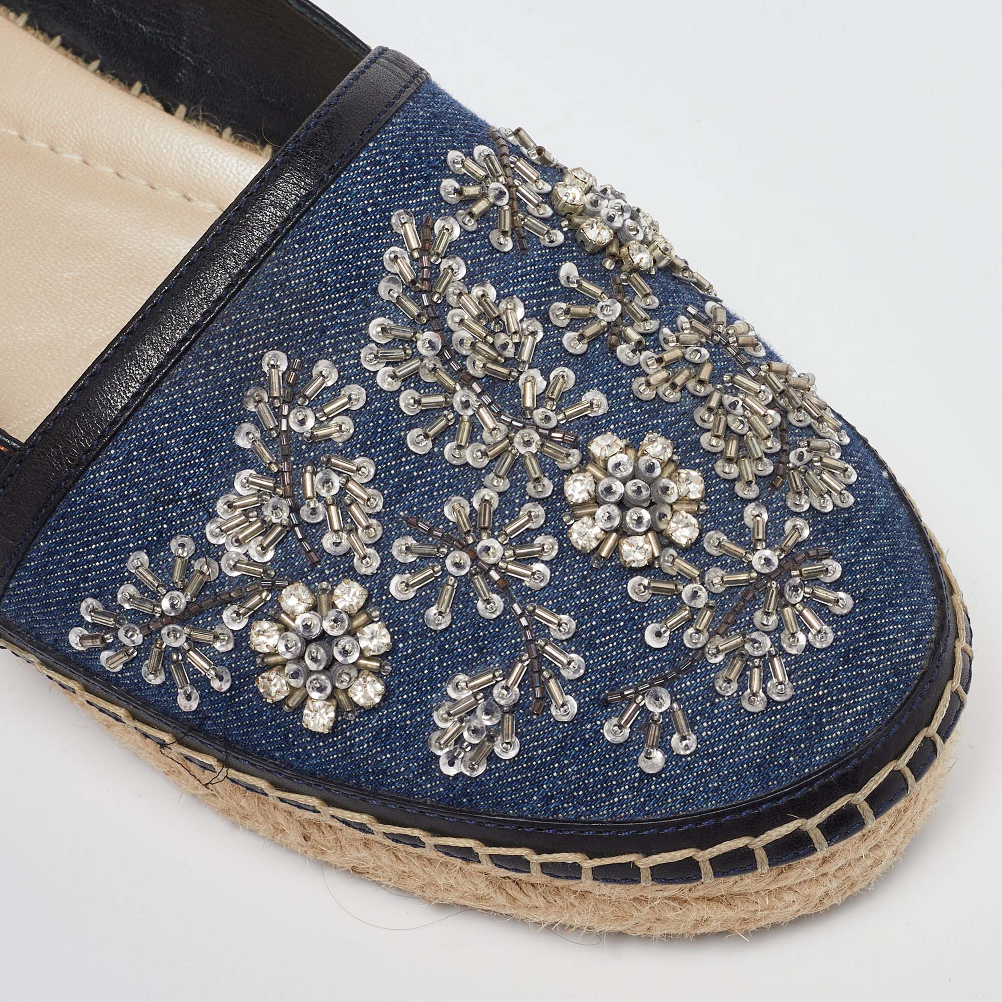 Dior Blue Leather And Denim Crystal Embellished Flat Espadrilles Size 38.5