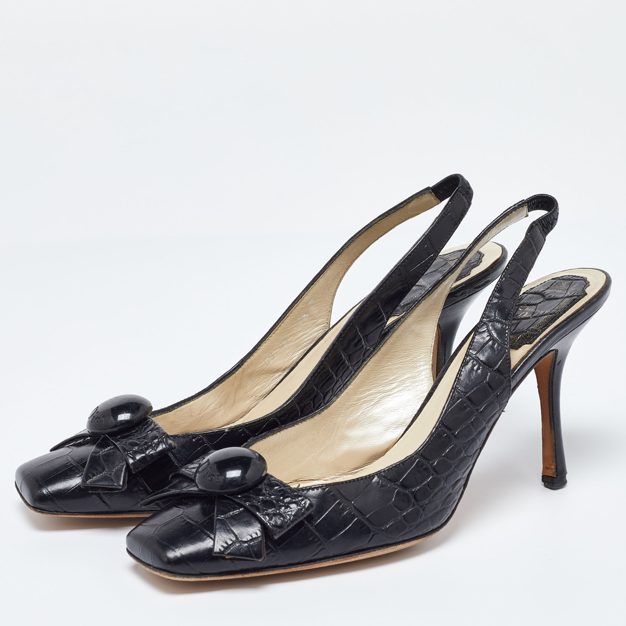 Dior Black Croc Embossed Leather Slingback Pumps Size 37.5