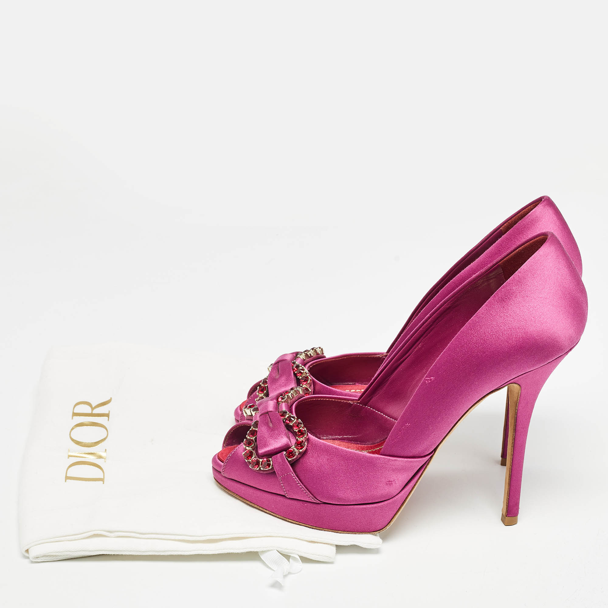 Dior Purple Satin Crystal Embellished Bow Peep Toe Pumps Size 38