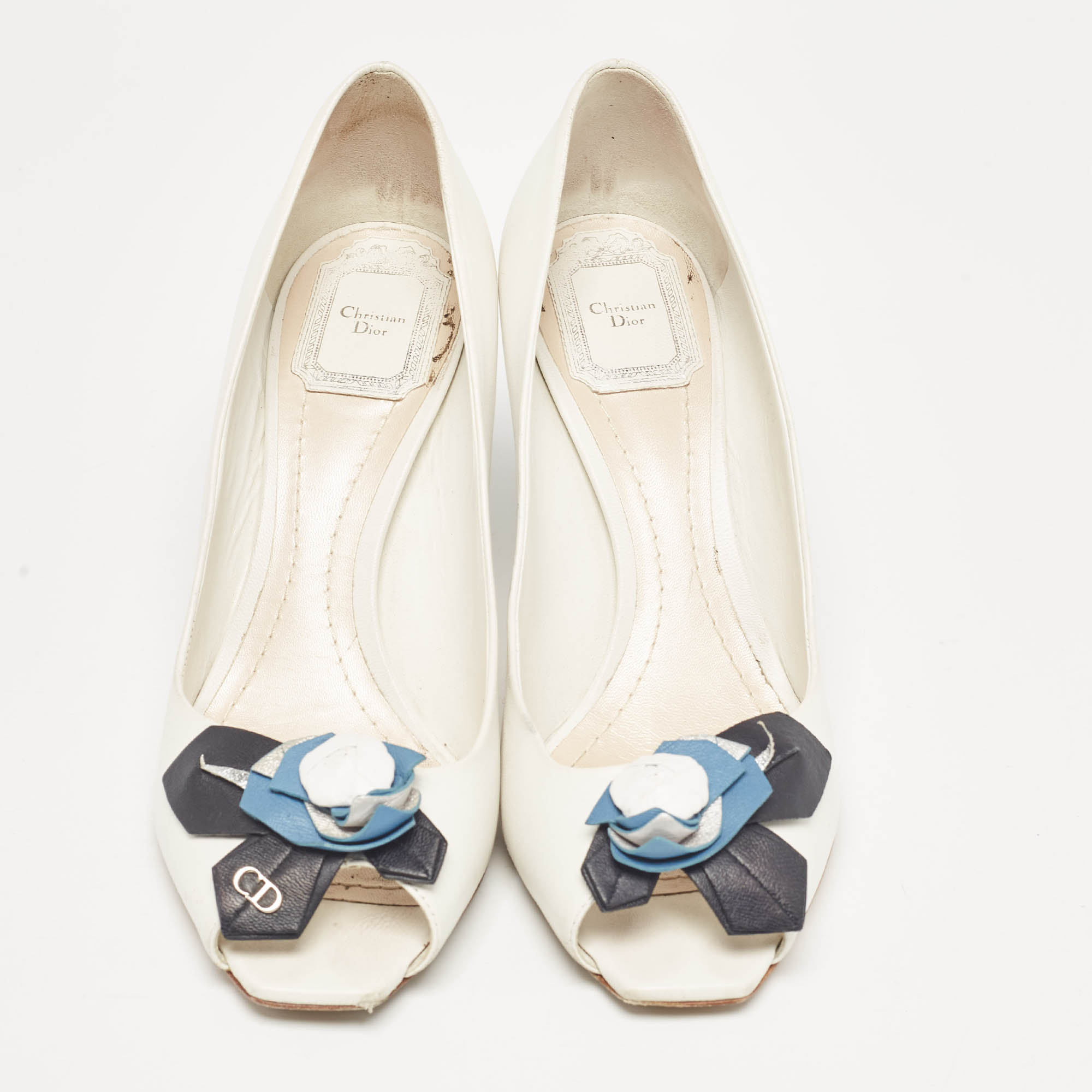 Dior White Leather Flower Applique Peep Toe Pumps Size 37.5