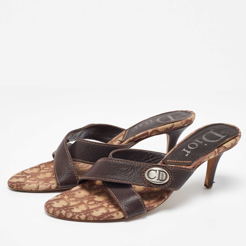 Dior Brown Canvas And Leather Slide Sandals 40.5