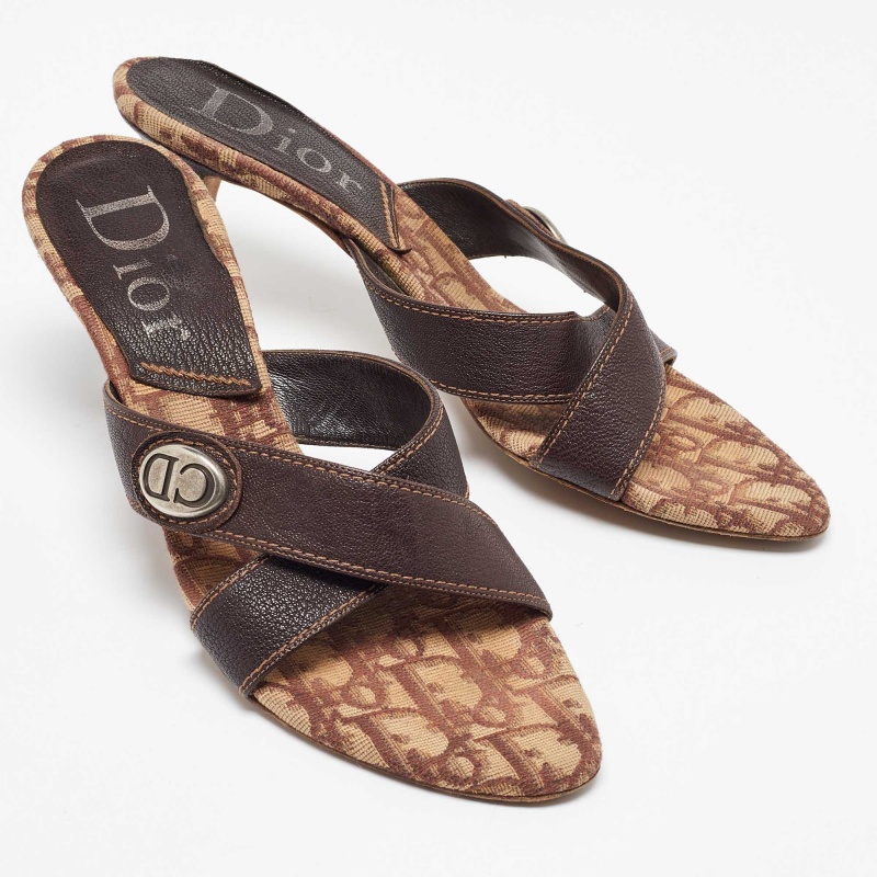 Dior Brown Canvas And Leather Slide Sandals 40.5