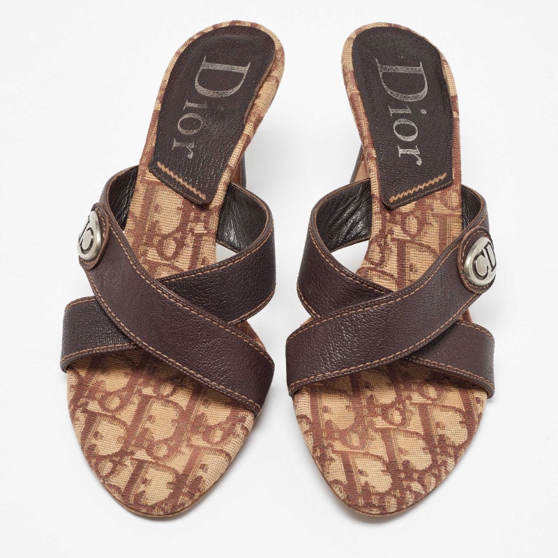 Dior Brown Canvas And Leather Slide Sandals 40.5