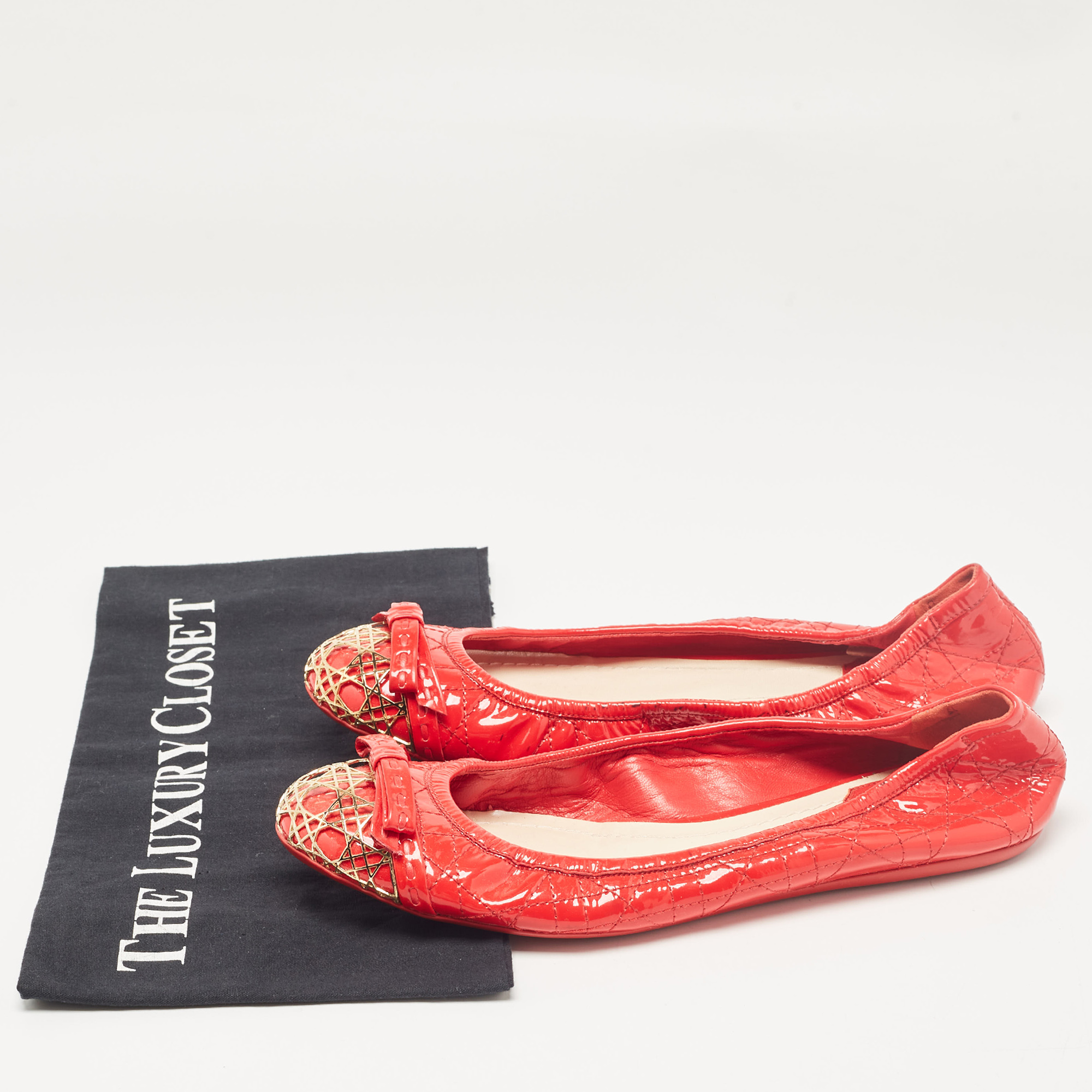 Dior Red Cannage Patent Leather Bow Ballet Flats Size 38.5