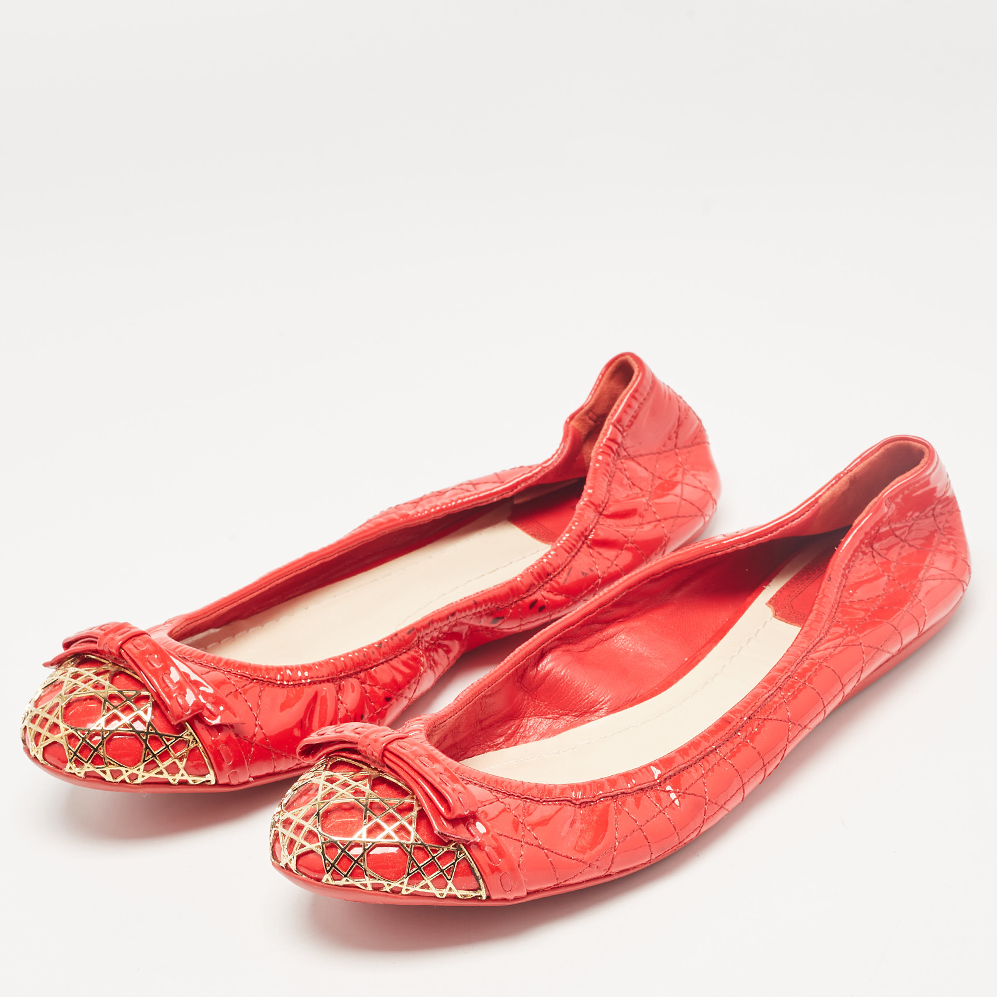 Dior Red Cannage Patent Leather Bow Ballet Flats Size 38.5