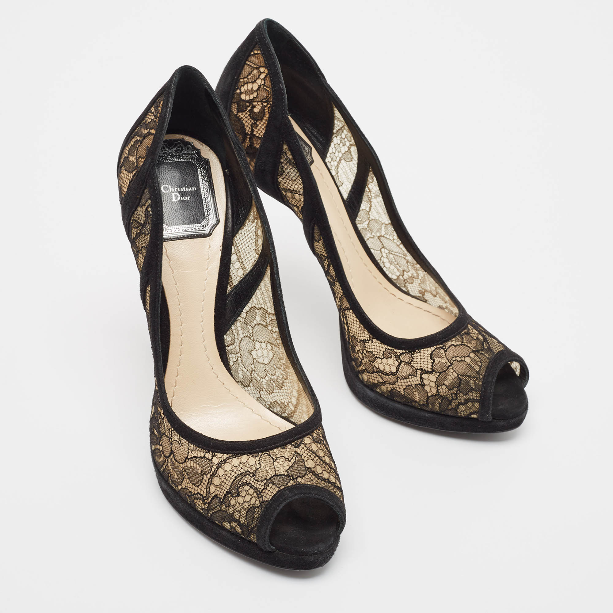 Dior Black Lace And Suede Peep Toe Pumps Size 38.5