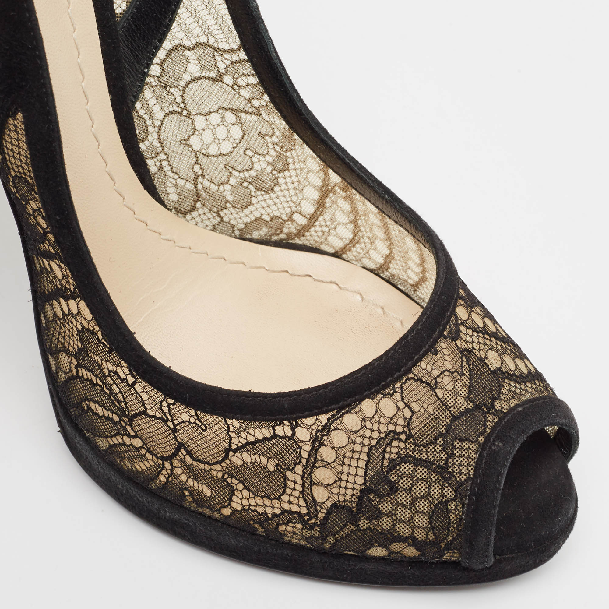 Dior Black Lace And Suede Peep Toe Pumps Size 38.5