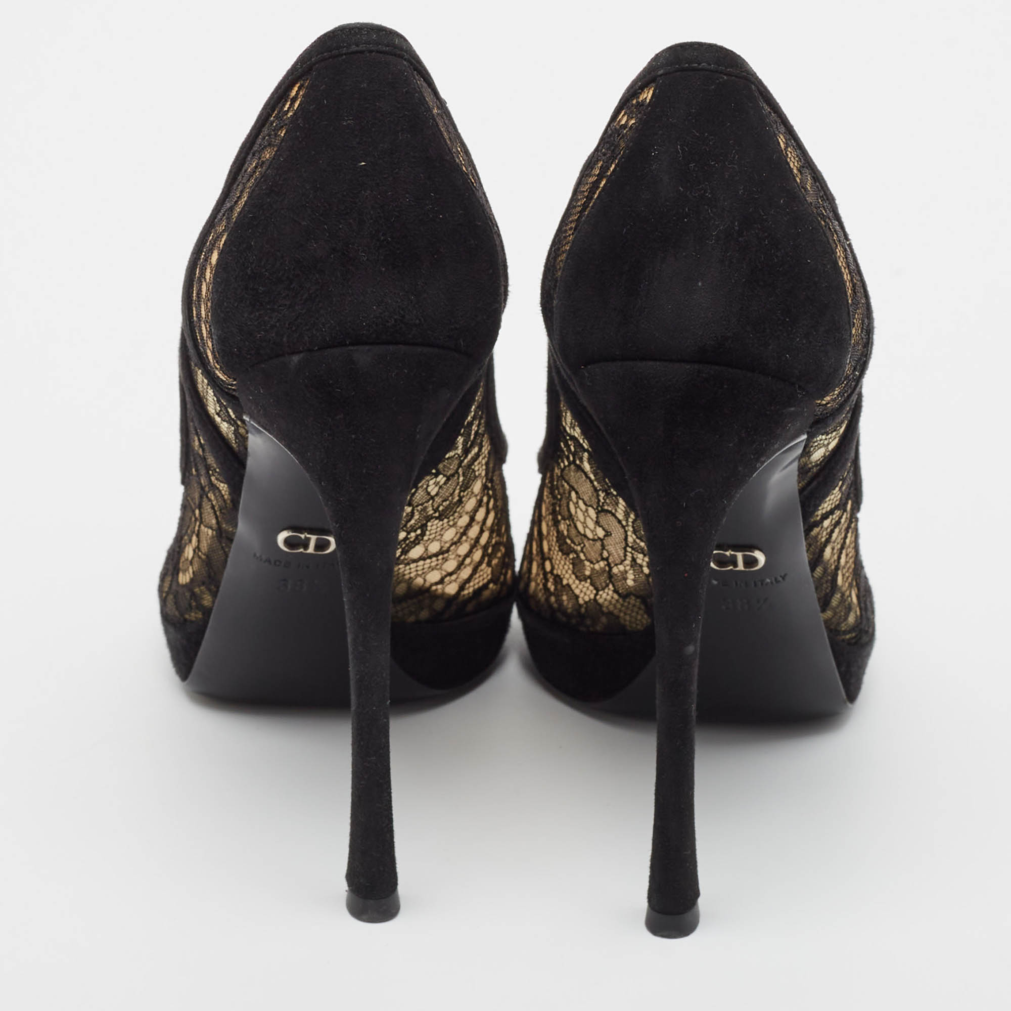 Dior Black Lace And Suede Peep Toe Pumps Size 38.5