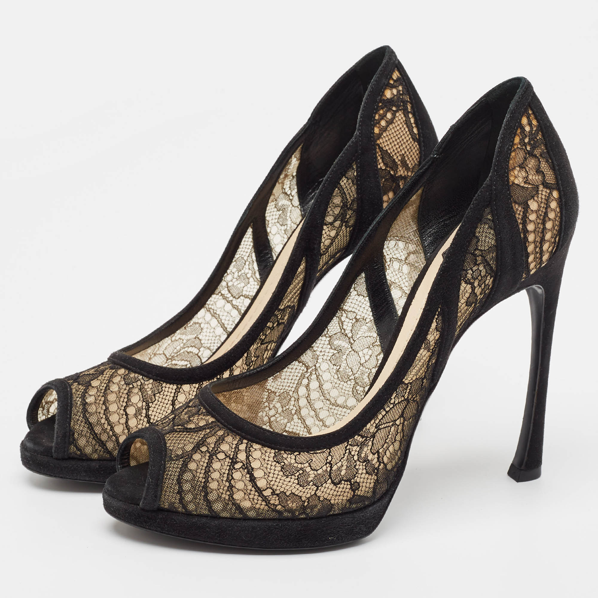 Dior Black Lace And Suede Peep Toe Pumps Size 38.5