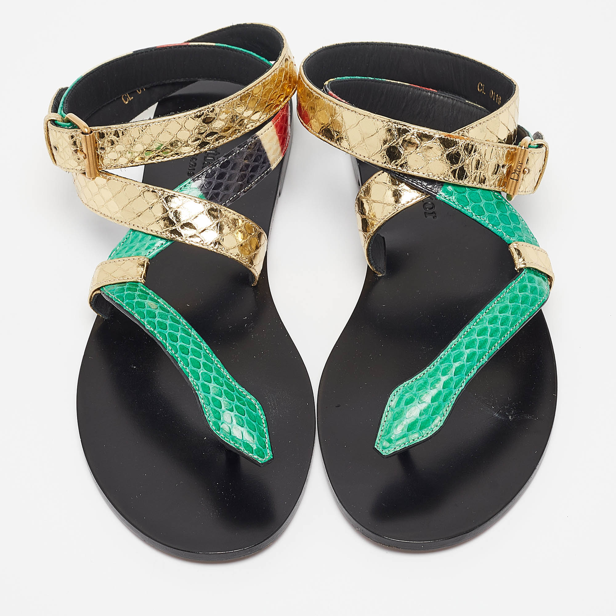 Dior Multicolor Snakeskin Ankle Wrap Flat Sandals Size 37