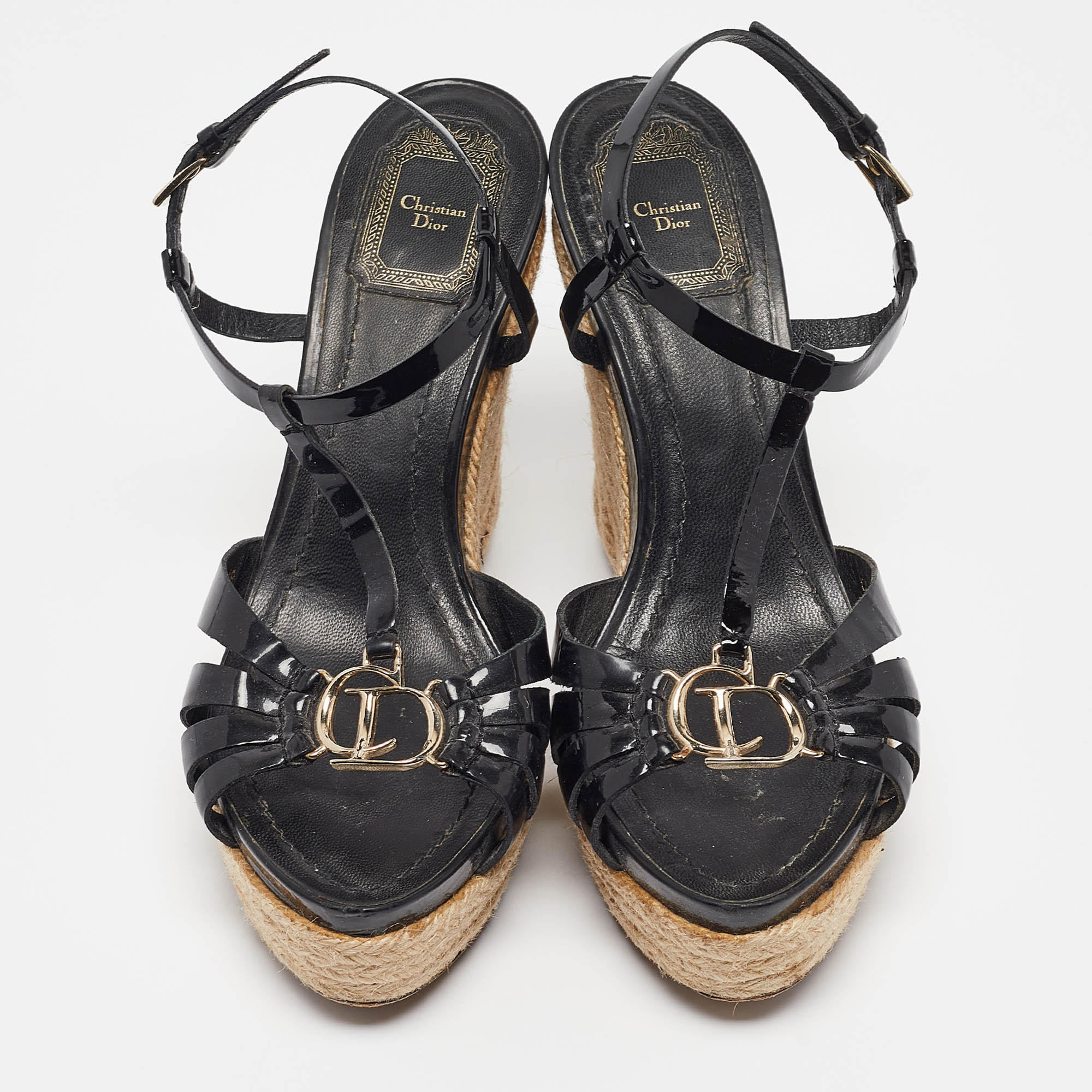 Dior Black Patent Leather Wedge Sandals Size 39