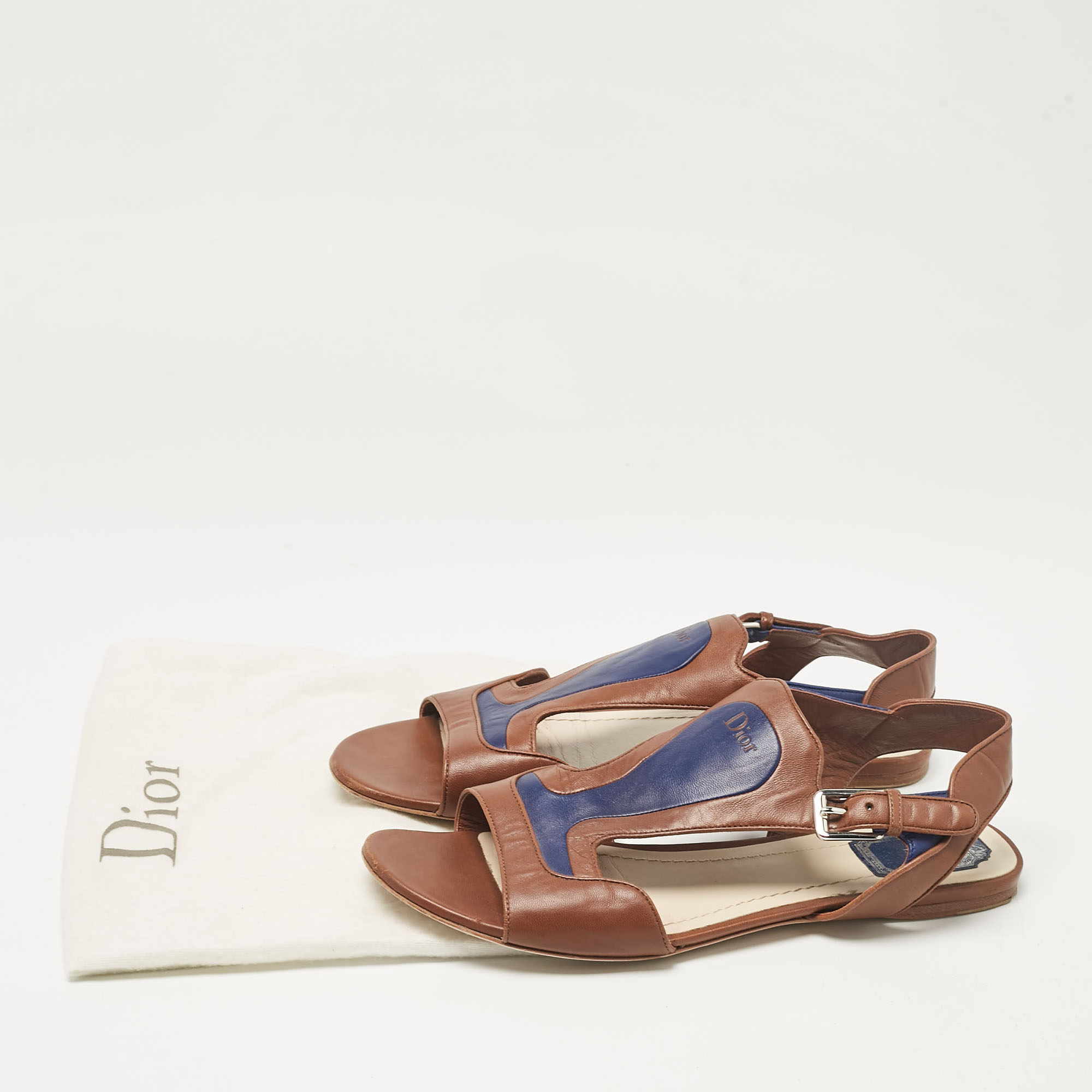 Dior Brown/Blue Leather Ankle Strap Flat Sandals Size 40.5