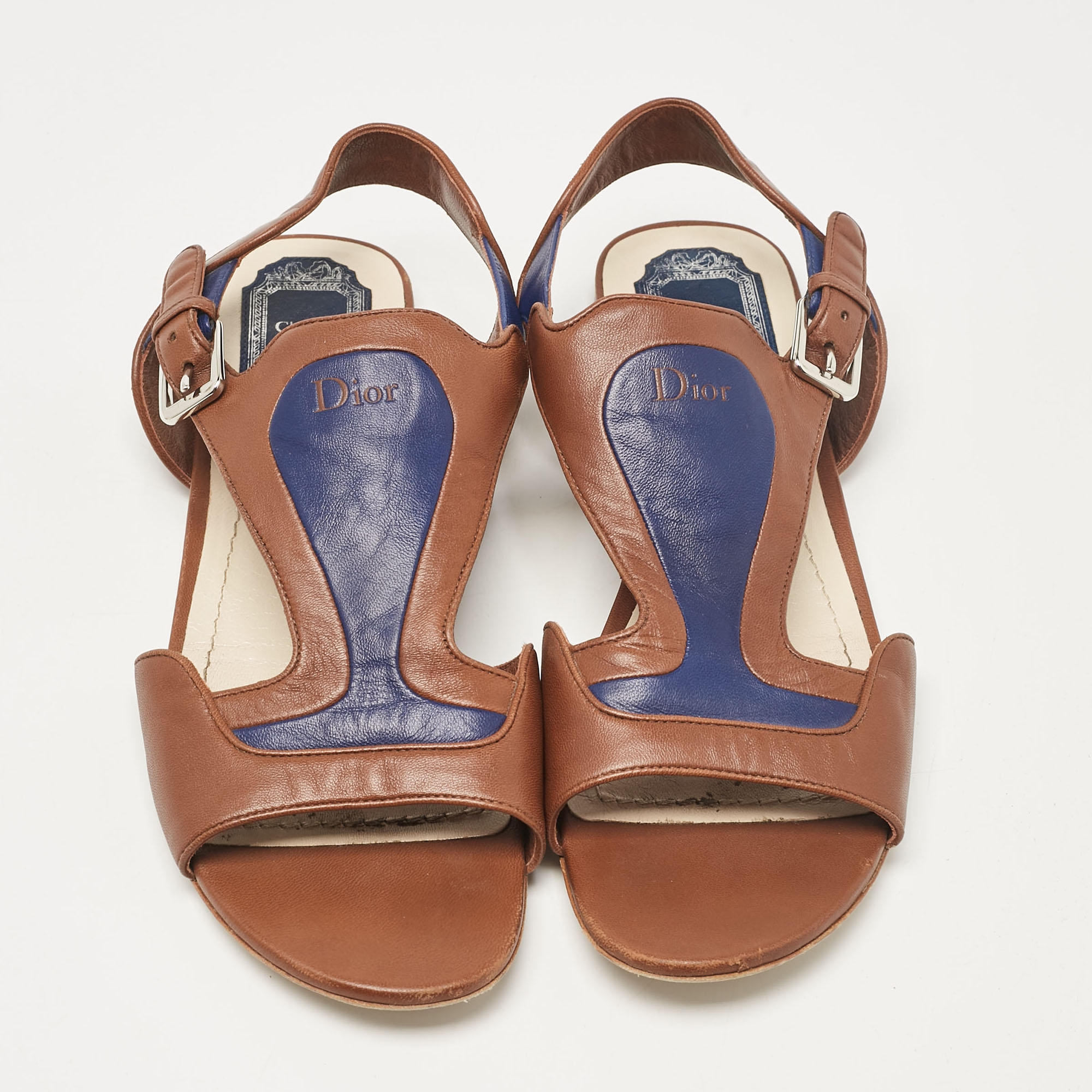 Dior Brown/Blue Leather Ankle Strap Flat Sandals Size 40.5