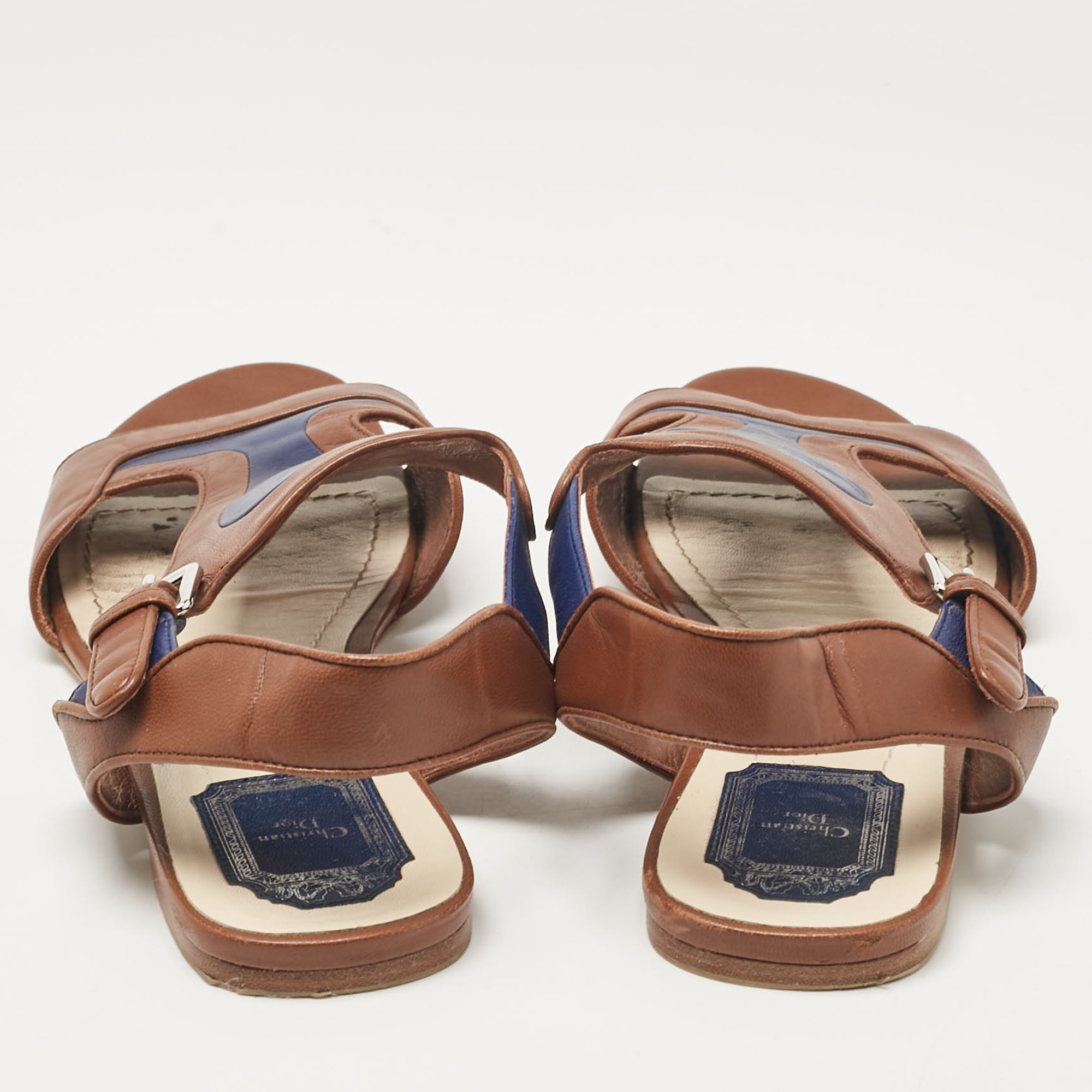 Dior Brown/Blue Leather Ankle Strap Flat Sandals Size 40.5