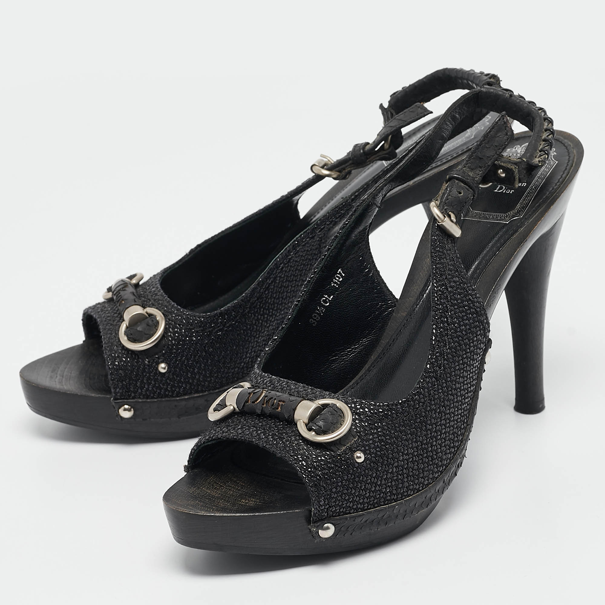 Dior Black Python Embossed Leather And Raffia Ankle Strap Sandals Size 39.5