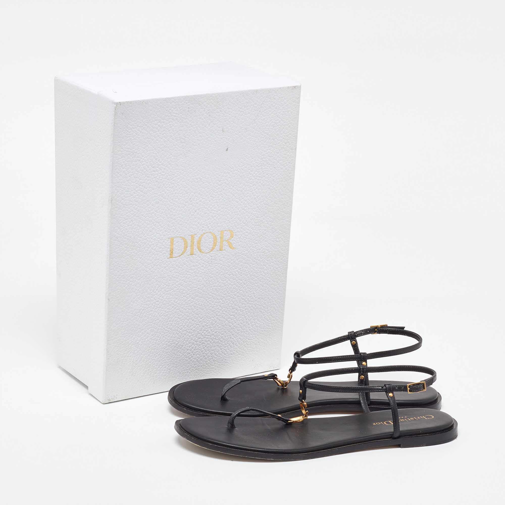 Dior Black Leather D'cest Thong Flat Sandals Size 40