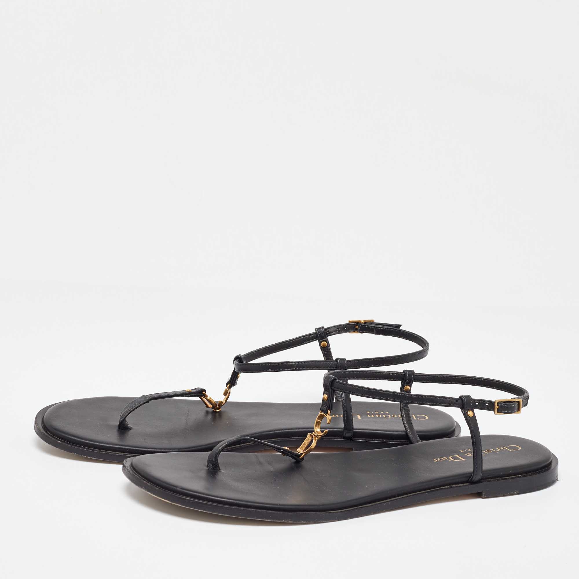 Dior Black Leather D'cest Thong Flat Sandals Size 40