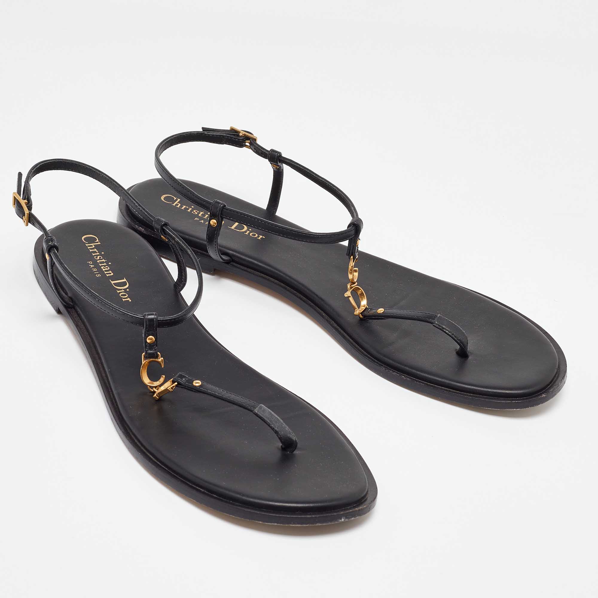 Dior Black Leather D'cest Thong Flat Sandals Size 40