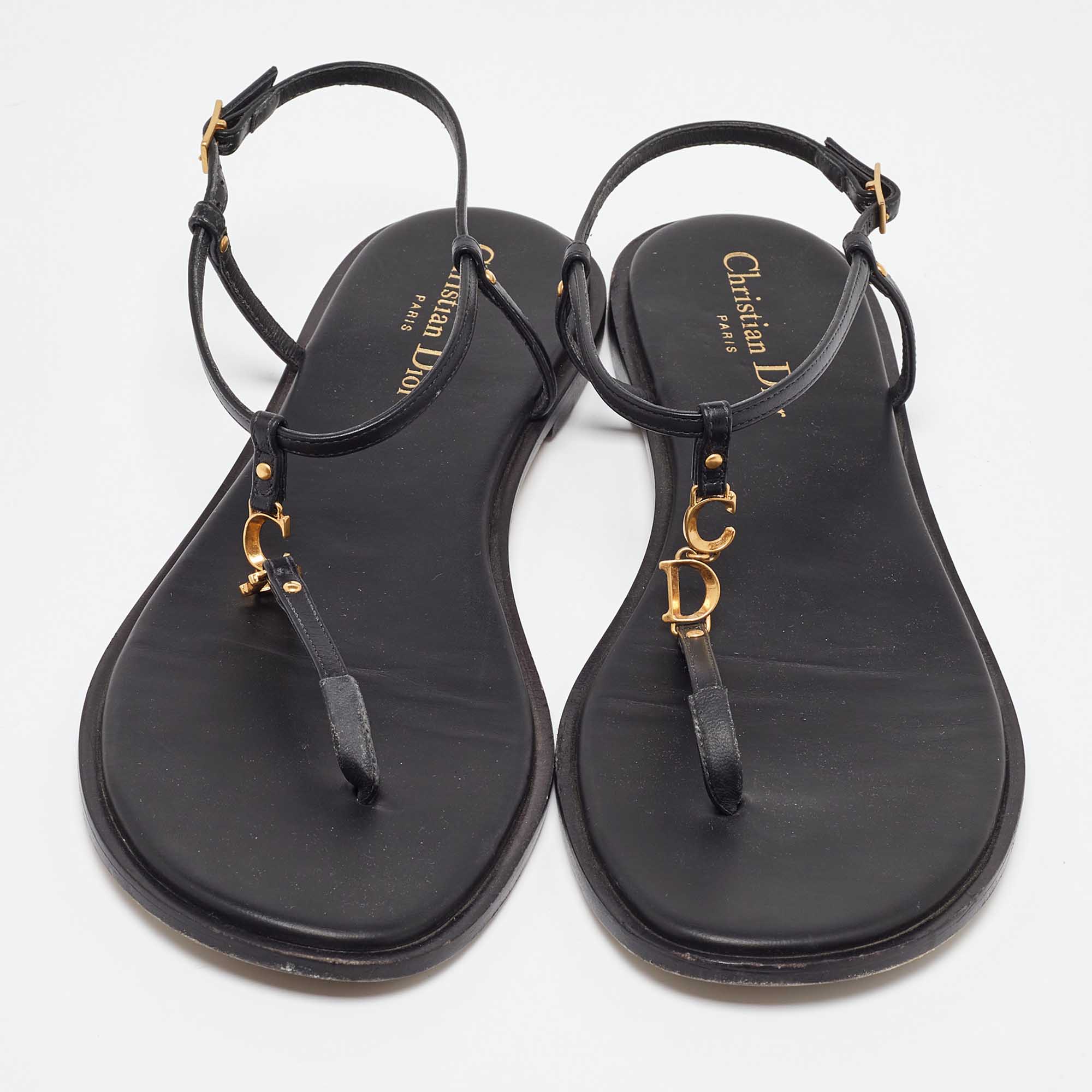 Dior Black Leather D'cest Thong Flat Sandals Size 40