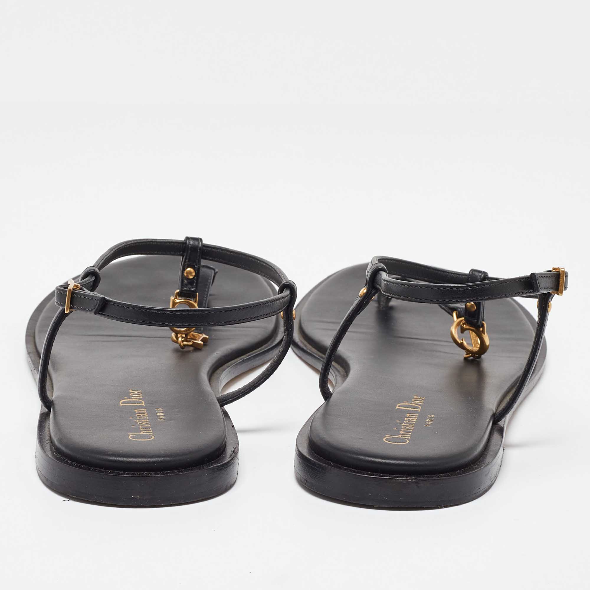 Dior Black Leather D'cest Thong Flat Sandals Size 40