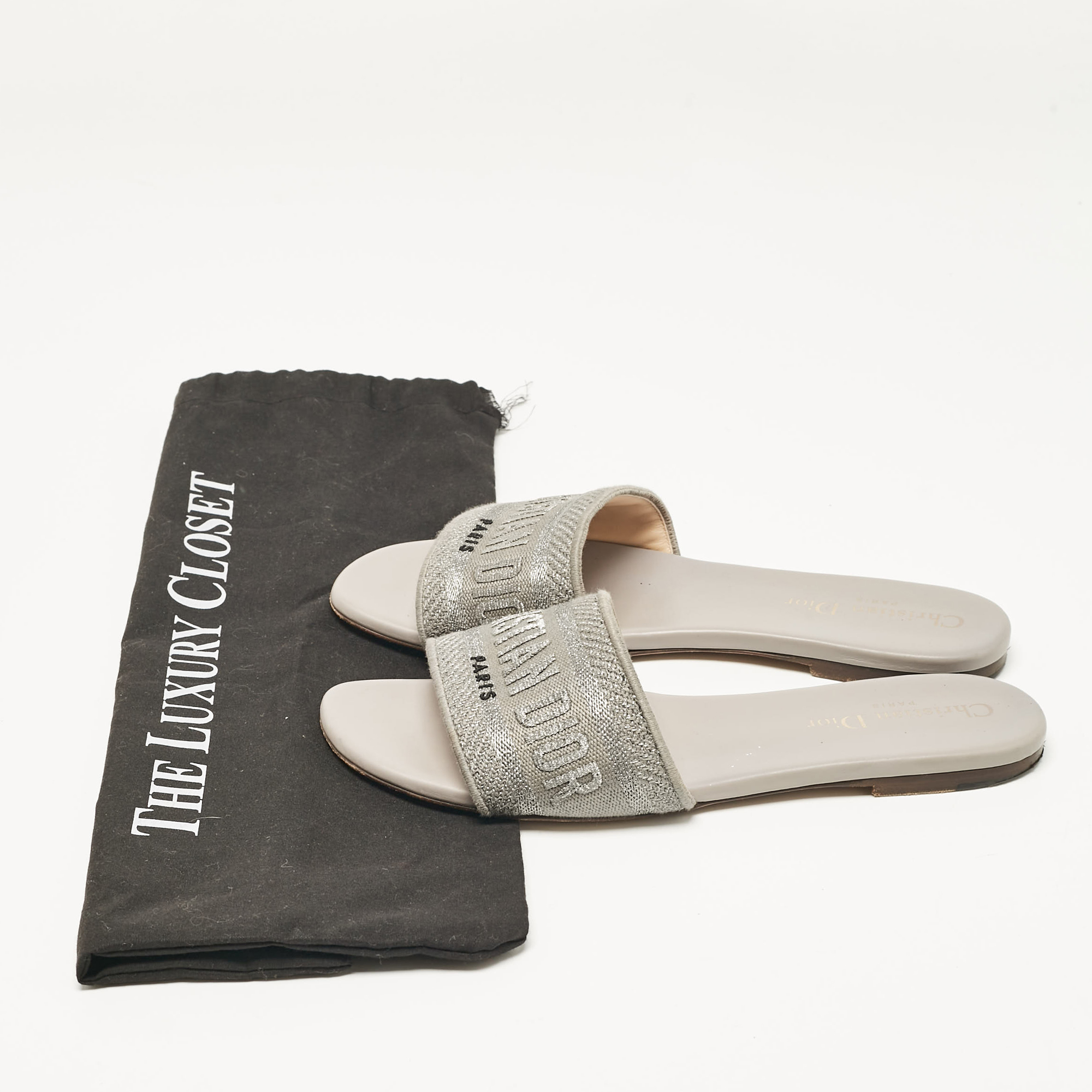 Dior Grey Canvas Dway Flat Slide Sandals Size 37