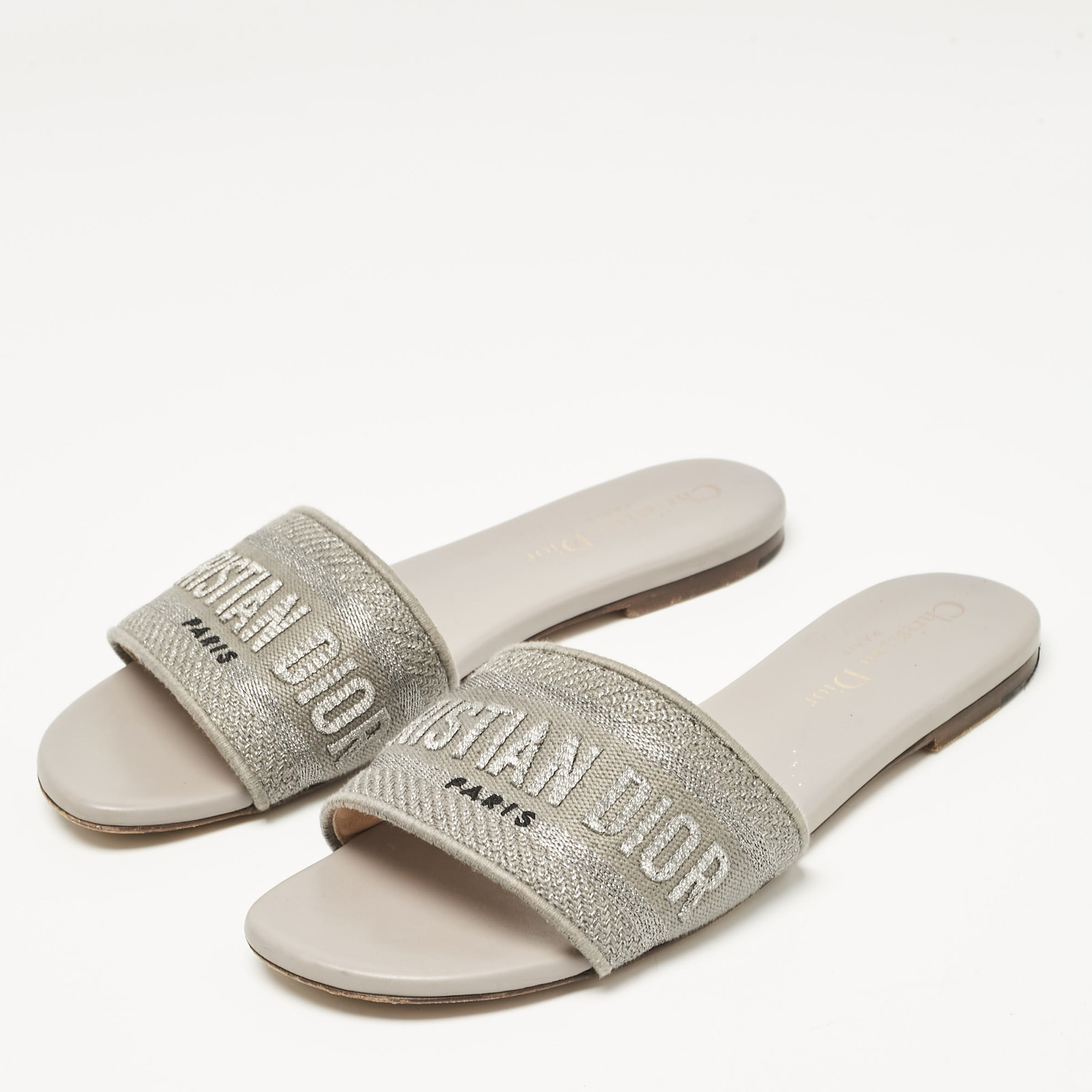 Dior Grey Canvas Dway Flat Slide Sandals Size 37