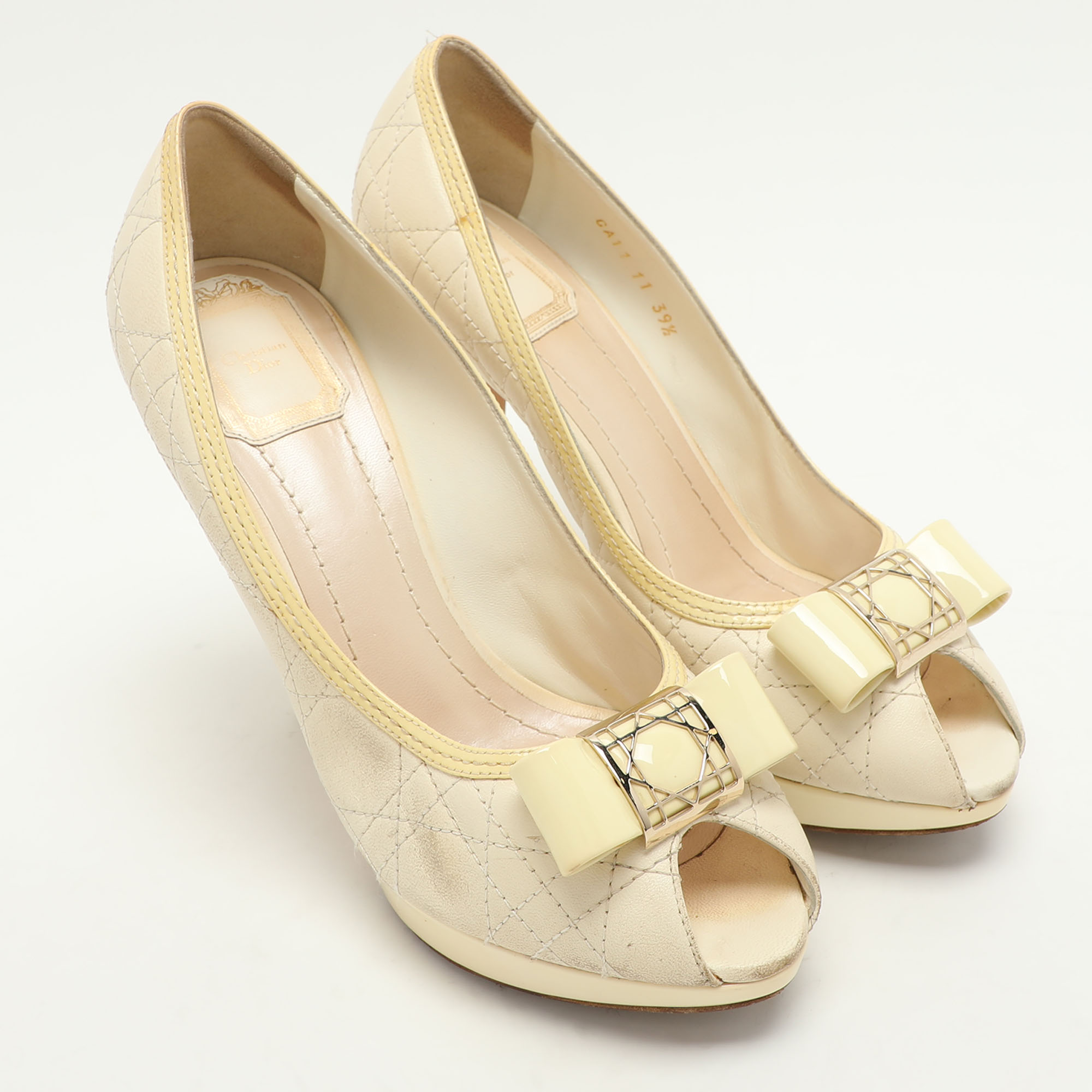 Dior Cream Cannage Patent And Leather Bow Peep Toe Pumps Size 39.5