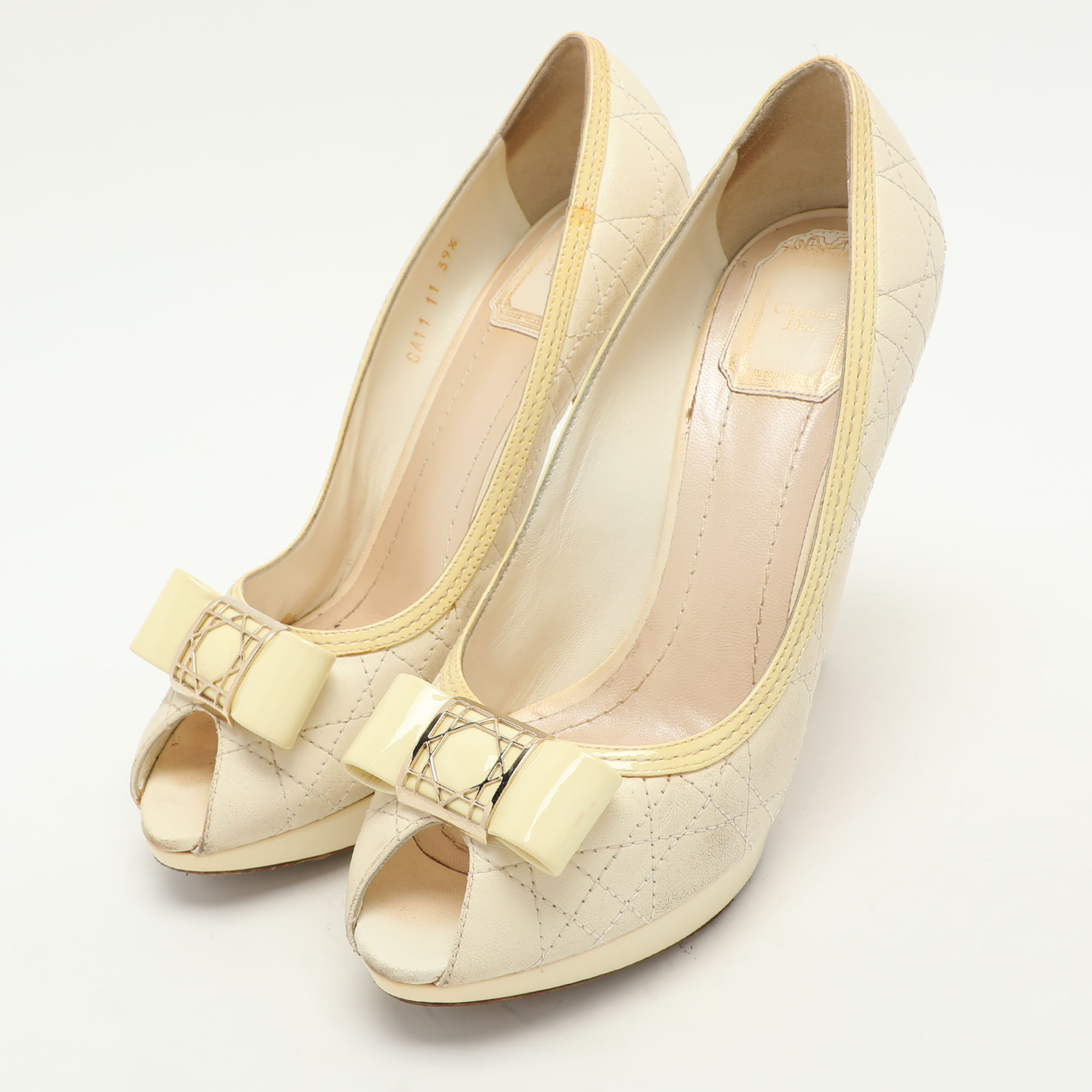 Dior Cream Cannage Patent And Leather Bow Peep Toe Pumps Size 39.5