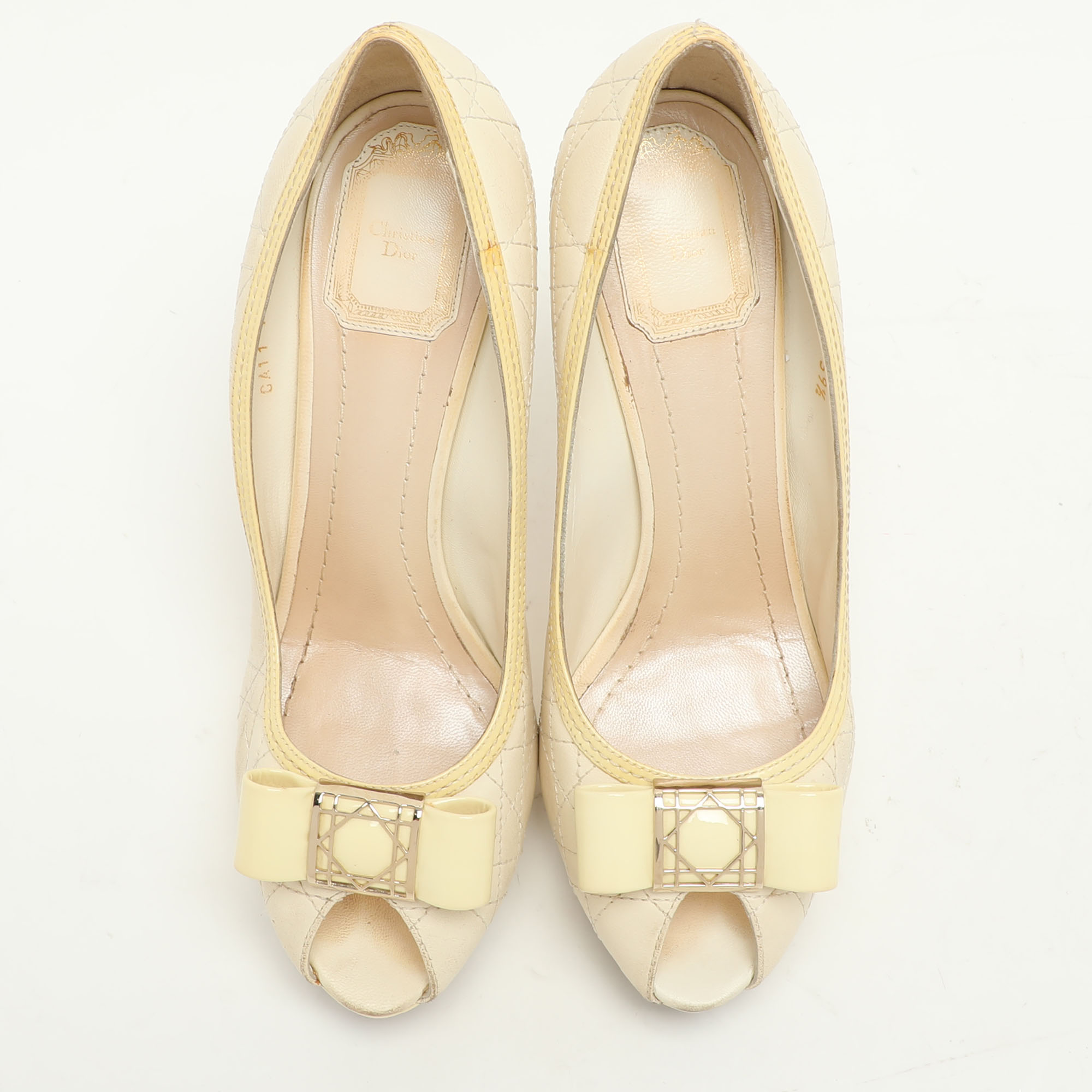 Dior Cream Cannage Patent And Leather Bow Peep Toe Pumps Size 39.5