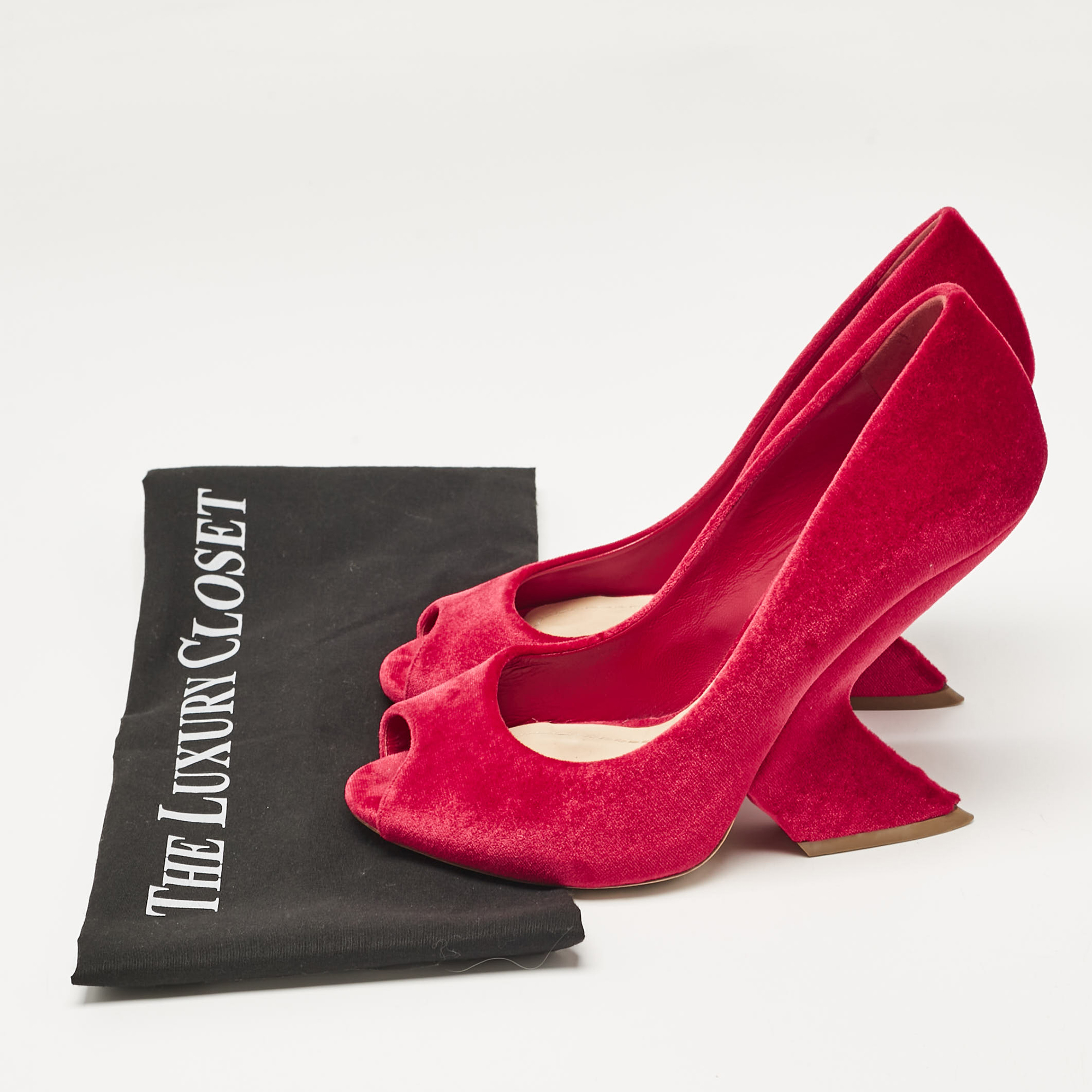 Dior Red Velvet Peep Toe Wedge Pumps Size 38