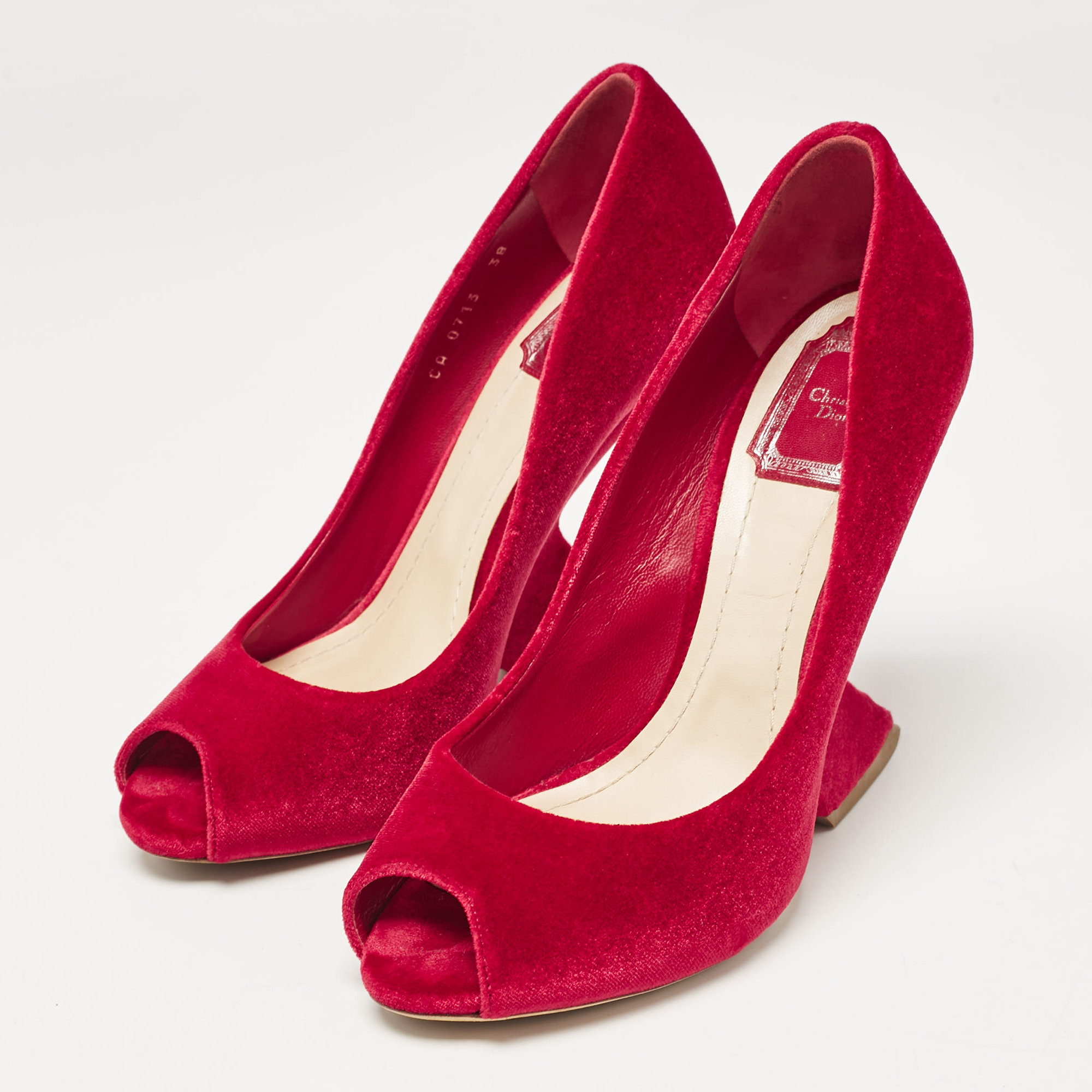 Dior Red Velvet Peep Toe Wedge Pumps Size 38