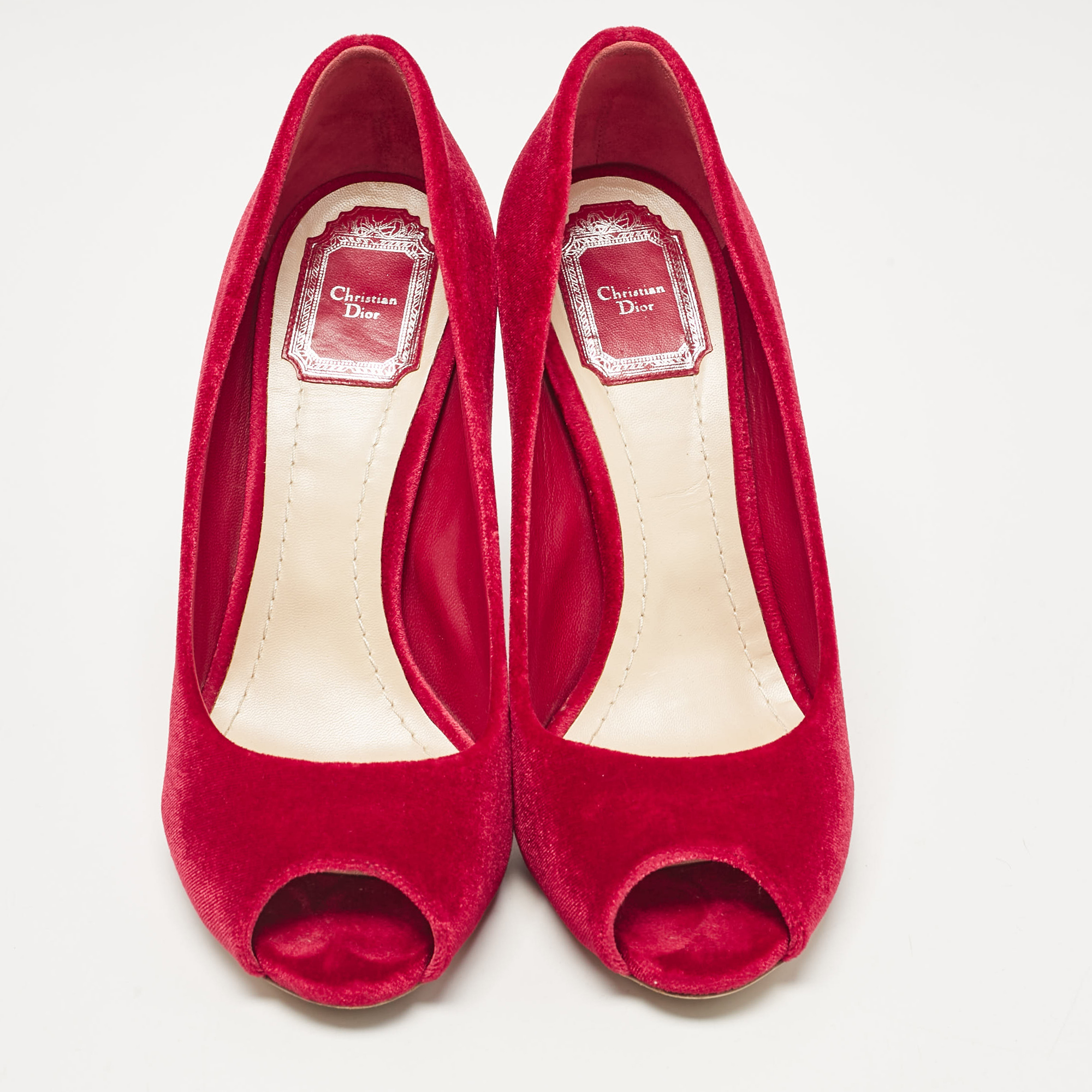 Dior Red Velvet Peep Toe Wedge Pumps Size 38