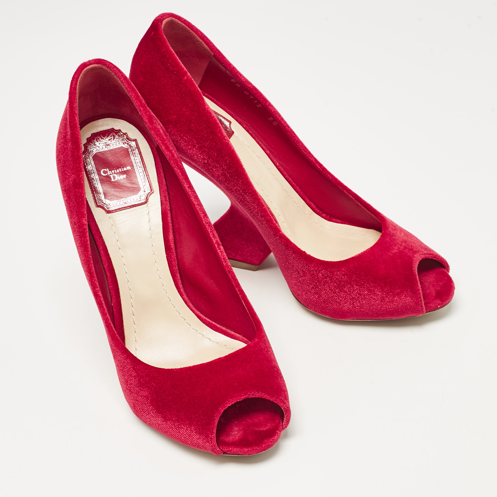 Dior Red Velvet Peep Toe Wedge Pumps Size 38