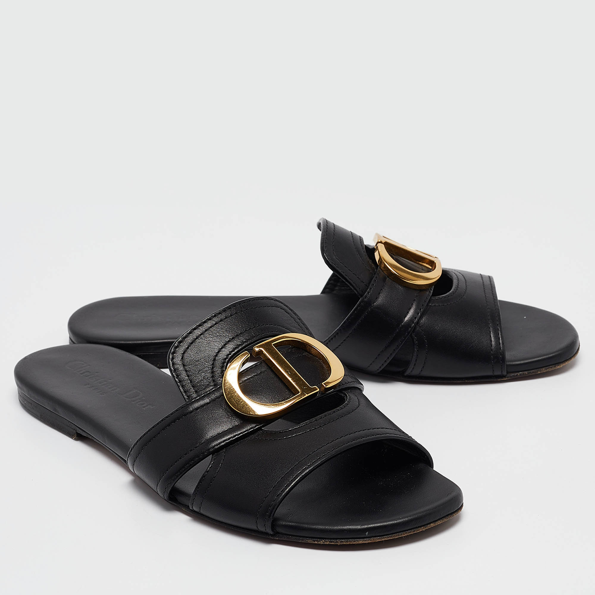 Dior Black Leather 30 Montaigne Flat Slides Size 36