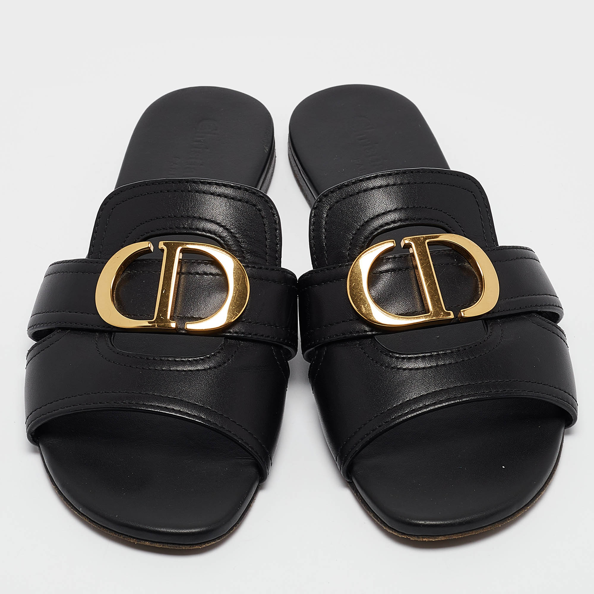 Dior Black Leather 30 Montaigne Flat Slides Size 36