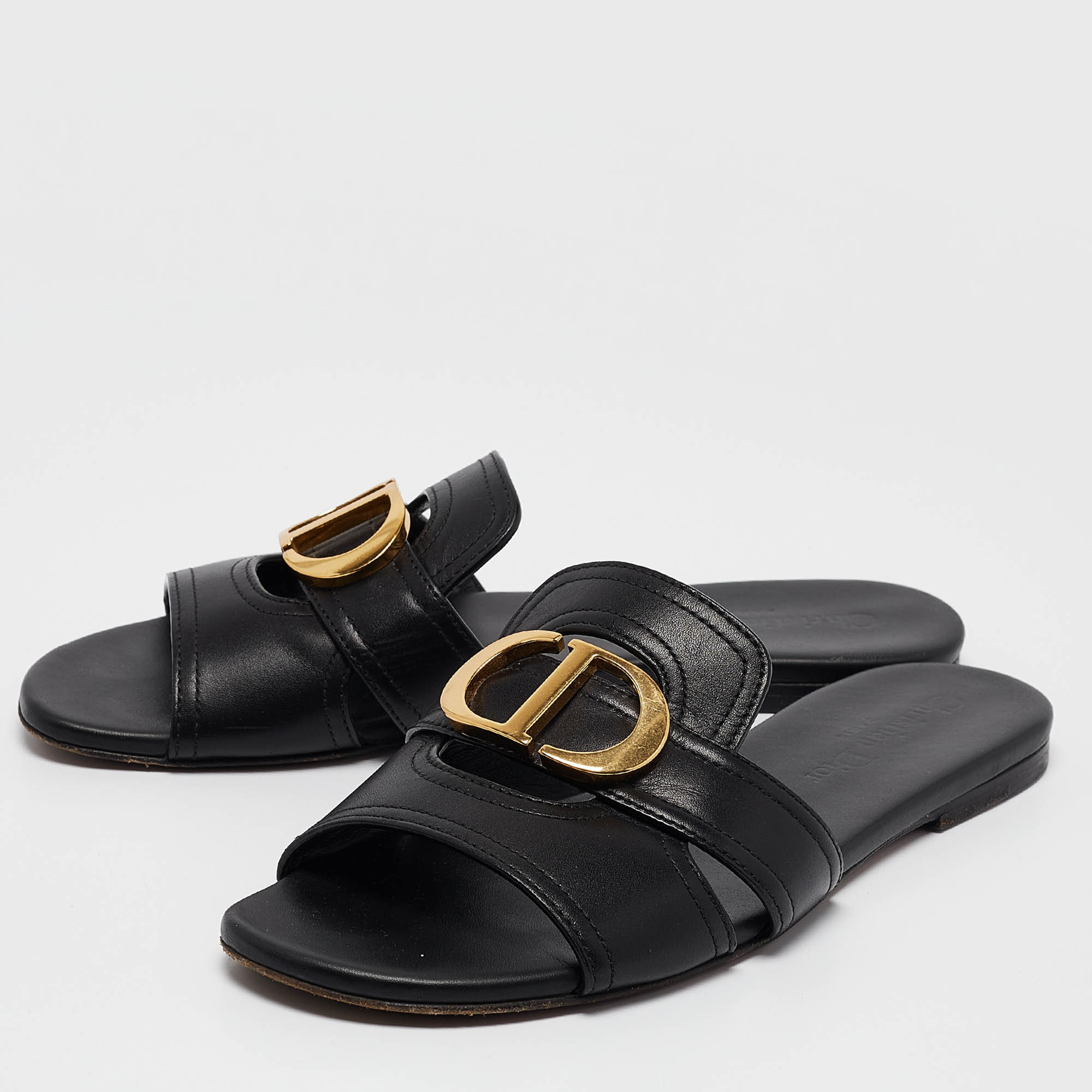 Dior Black Leather 30 Montaigne Flat Slides Size 36