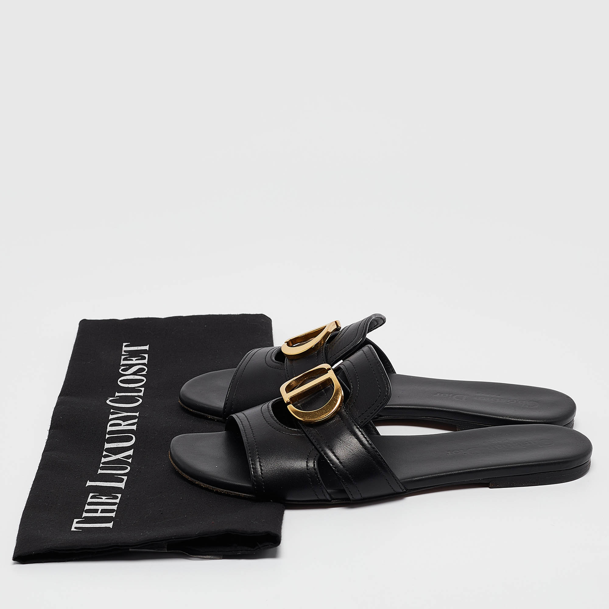 Dior Black Leather 30 Montaigne Flat Slides Size 36