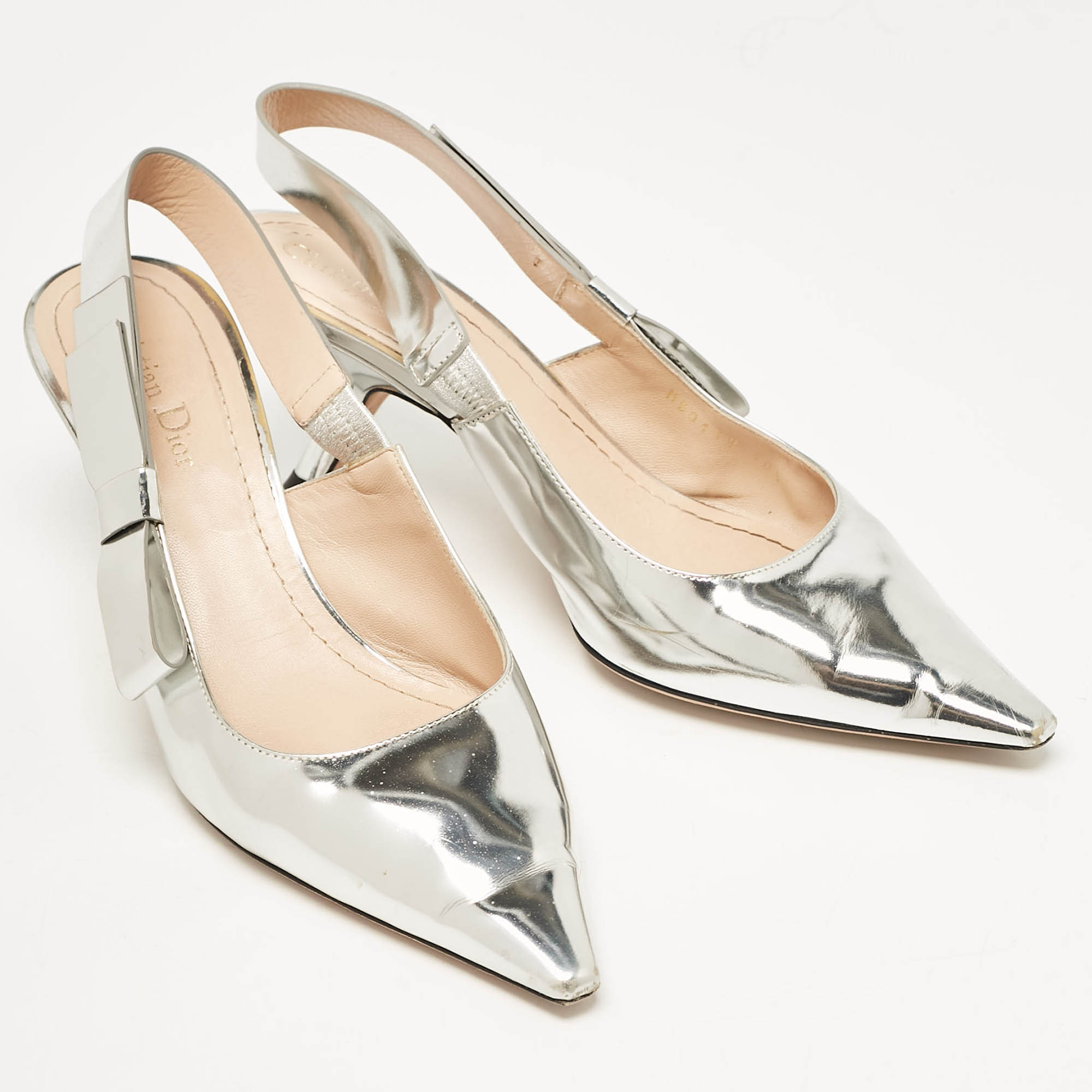 Dior Silver Leather Sweet-D Slingback Pumps Size 40.5