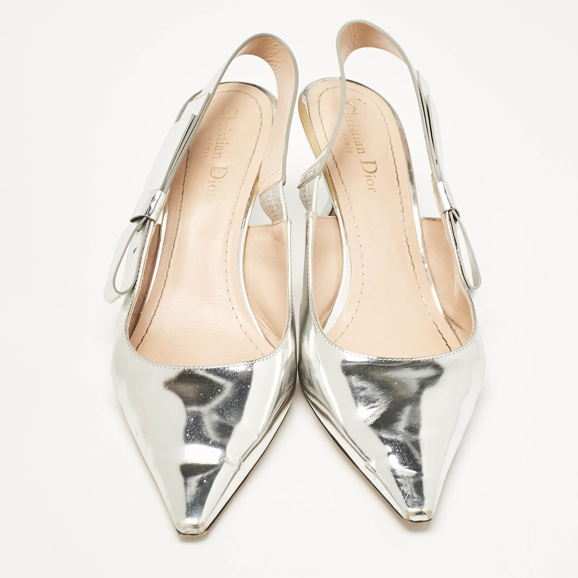 Dior Silver Leather Sweet-D Slingback Pumps Size 40.5