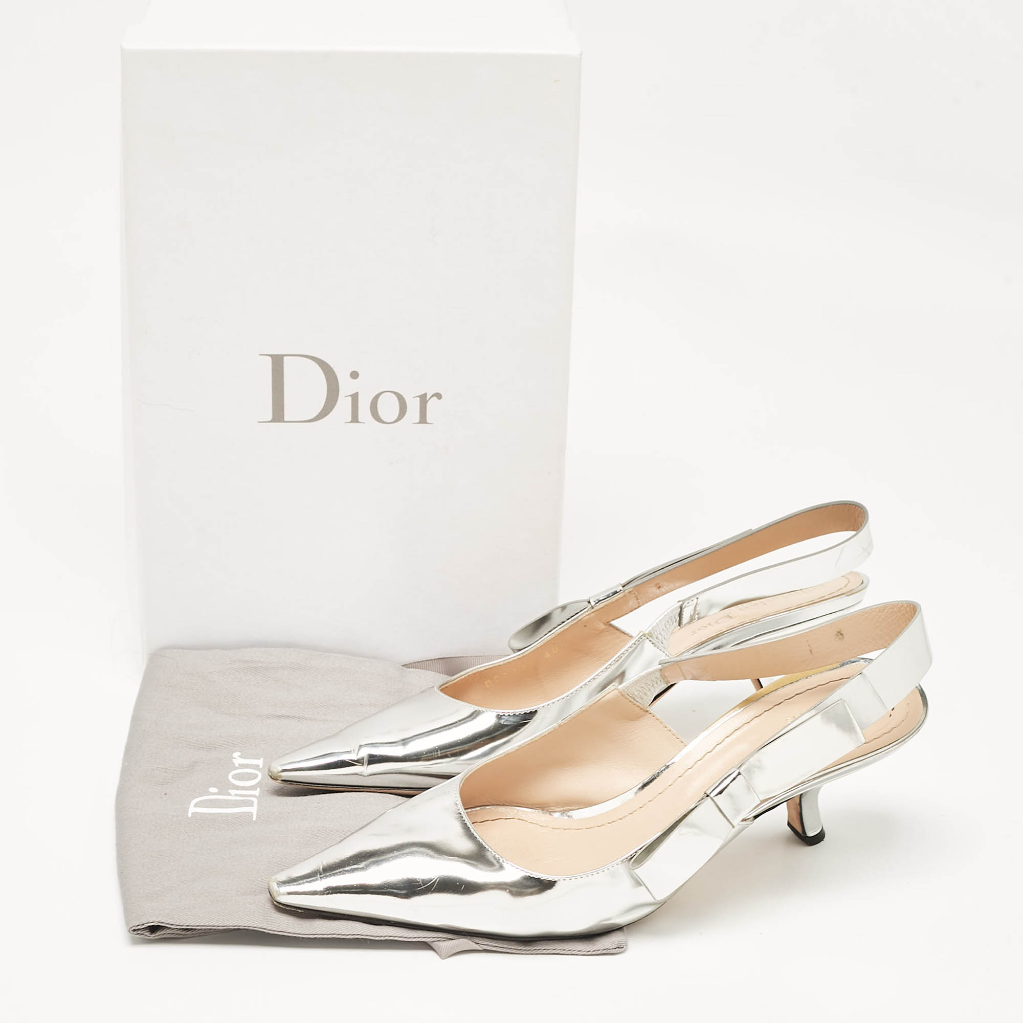 Dior Silver Leather Sweet-D Slingback Pumps Size 40.5