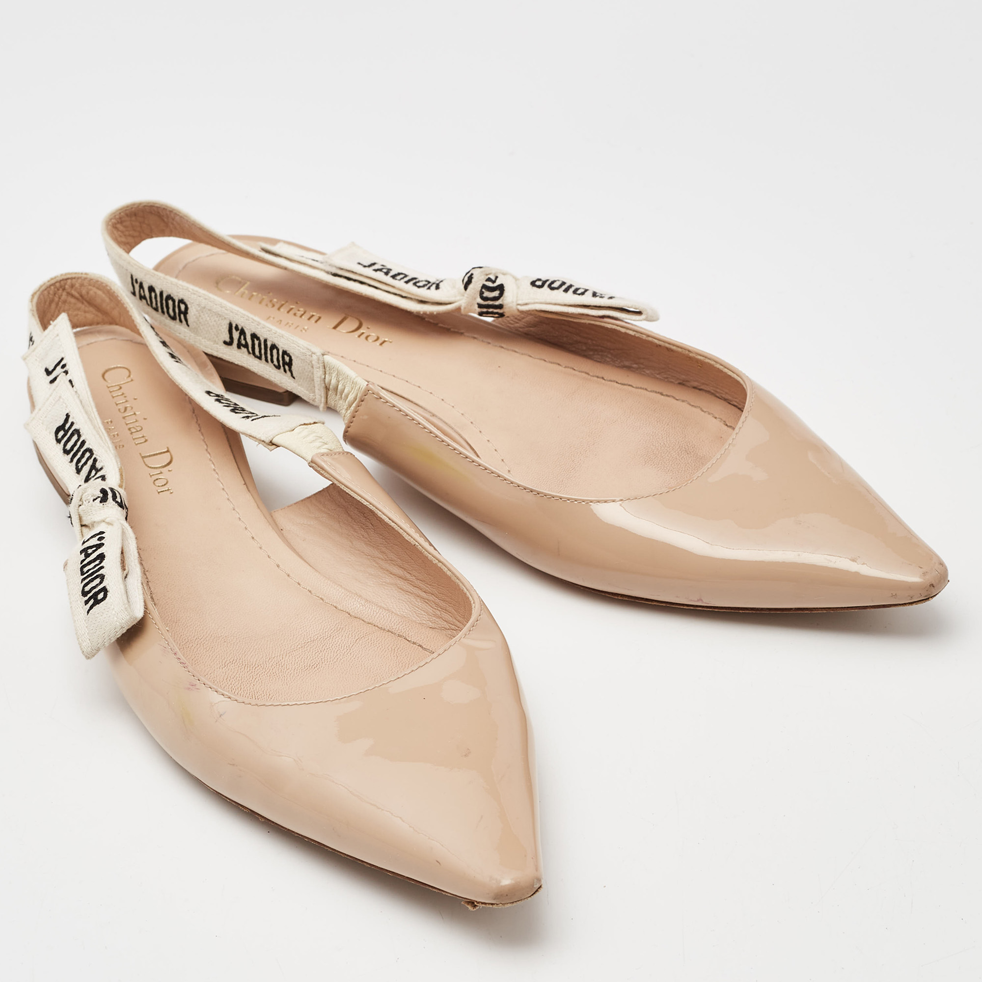 Dior Beige Patent Leather J'adior Slingback Flats Size 39