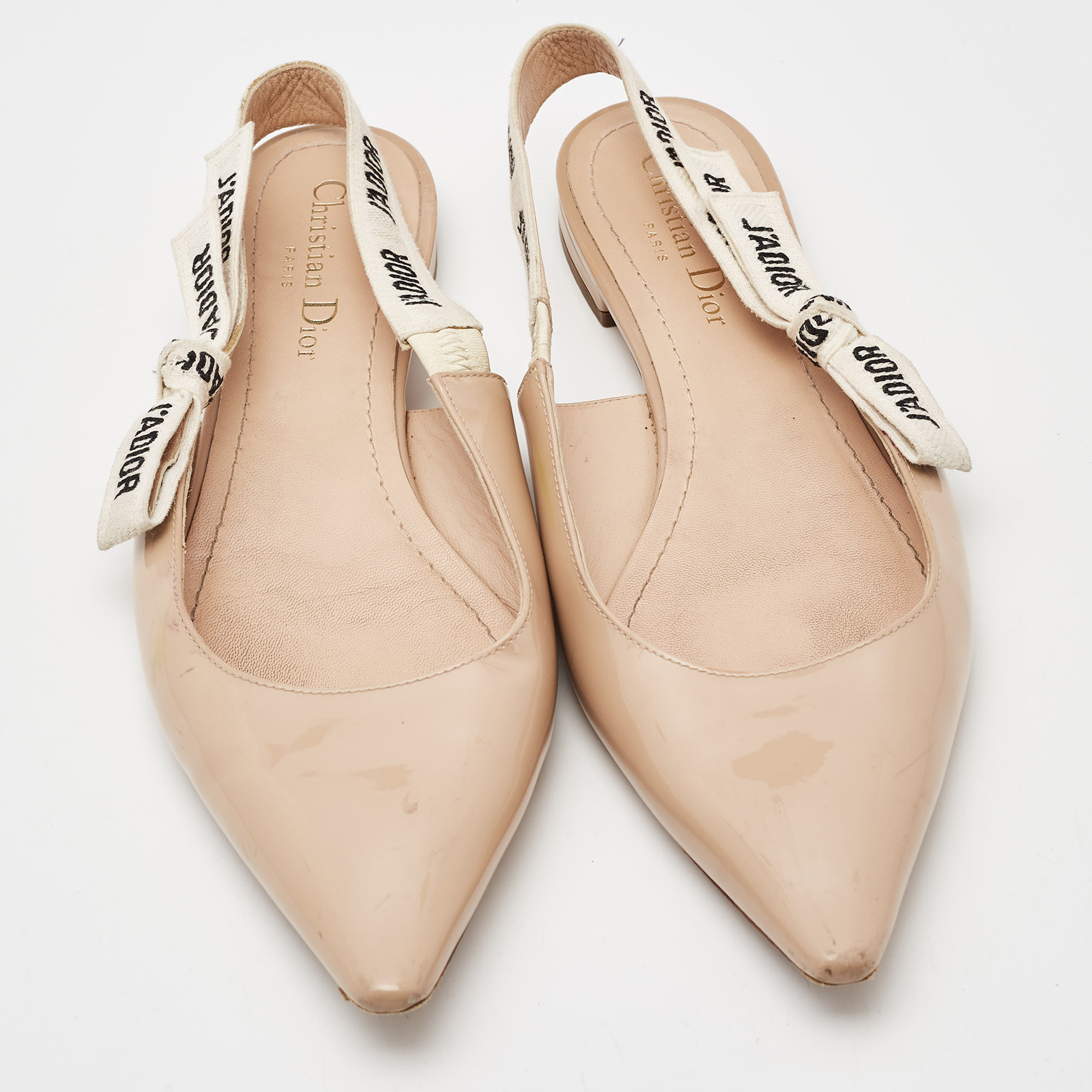 Dior Beige Patent Leather J'adior Slingback Flats Size 39