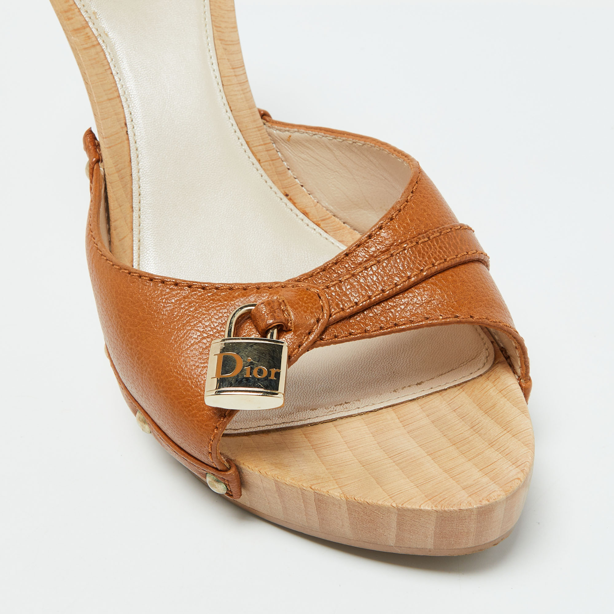 Dior Brown Leather Lock Detail Wooden Slide Sandals Size 40