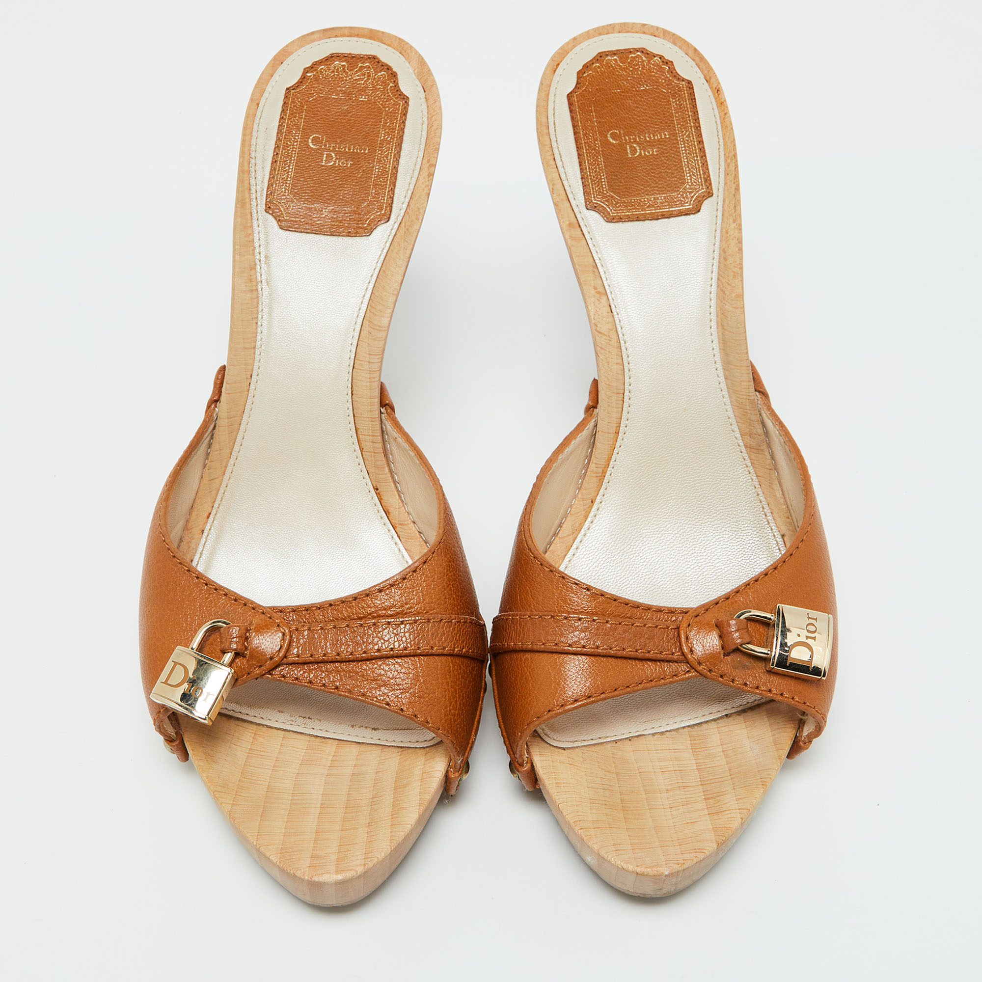 Dior Brown Leather Lock Detail Wooden Slide Sandals Size 40